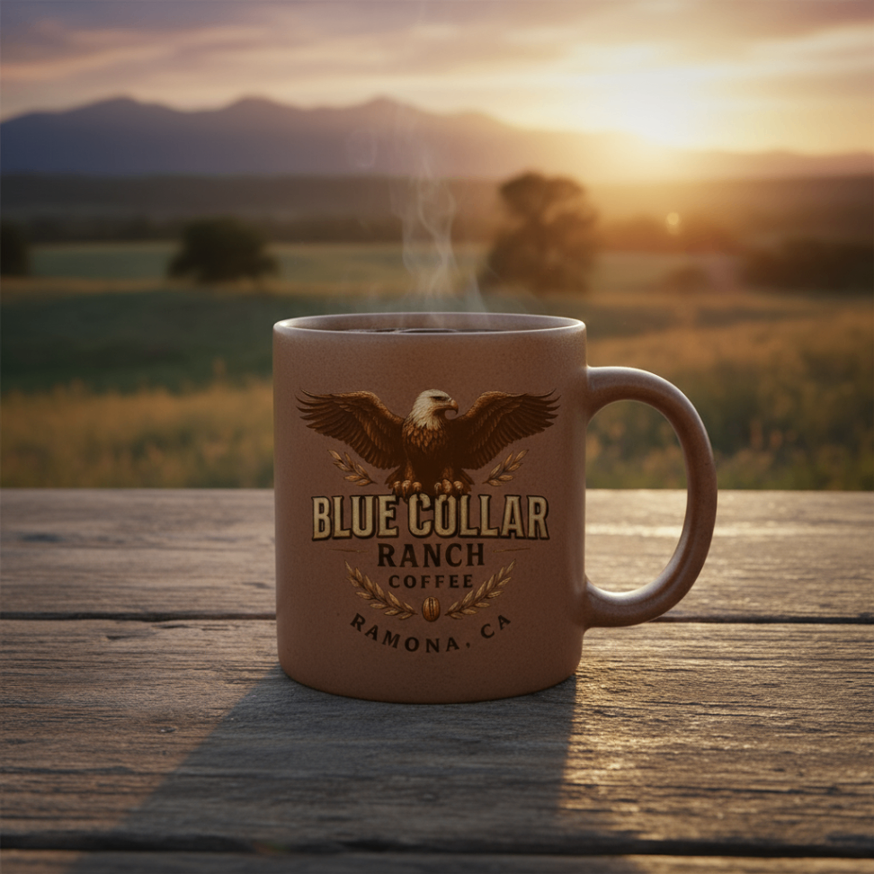 A steaming mug with the Blue Collar Ranch Coffee logo