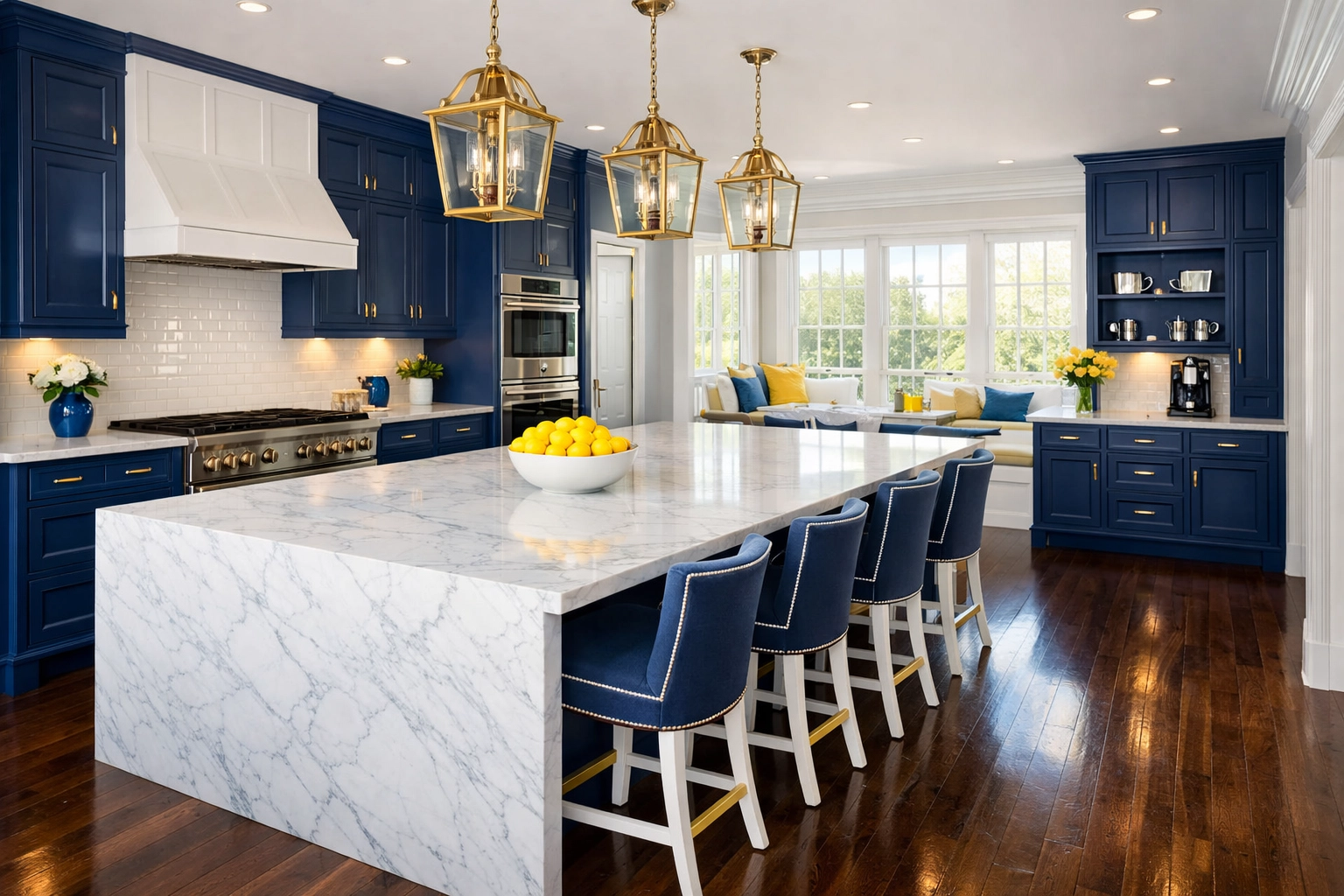 Pristine luxury kitchen in Sudbury with marble island and navy blue cabinetry cleaned by professionals.