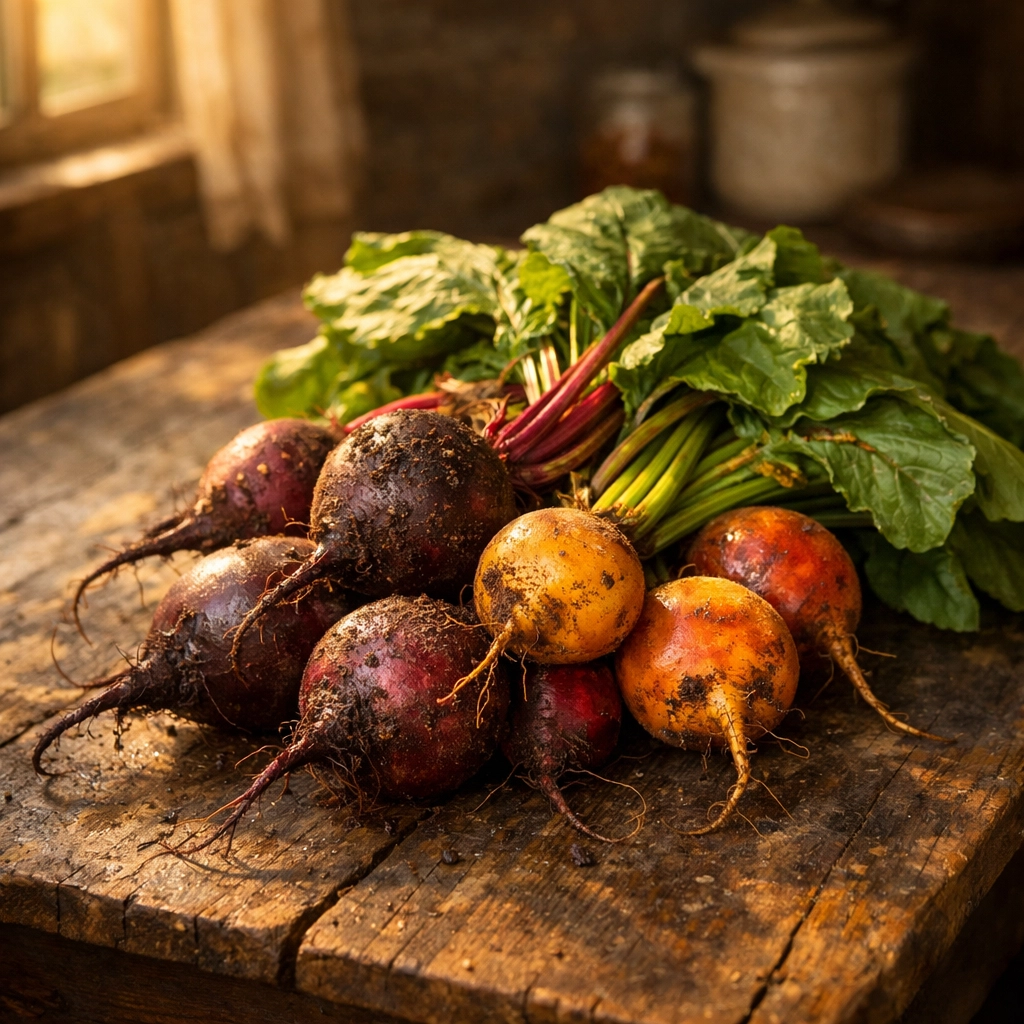 Fresh heirloom beets with soil and green leaves on a rustic farmhouse table in a Southern kitchen.