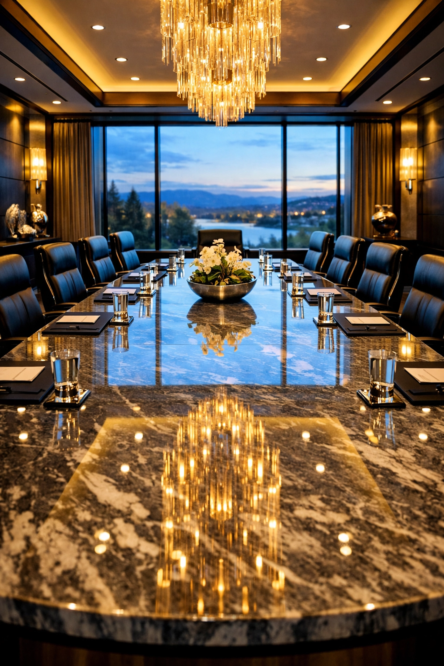 Spotless executive boardroom with a polished marble table overlooking the Brewster landscape.