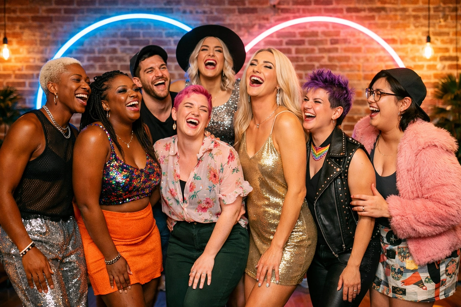 A supportive community of diverse individuals with different gender expressions laughing in a welcoming studio.