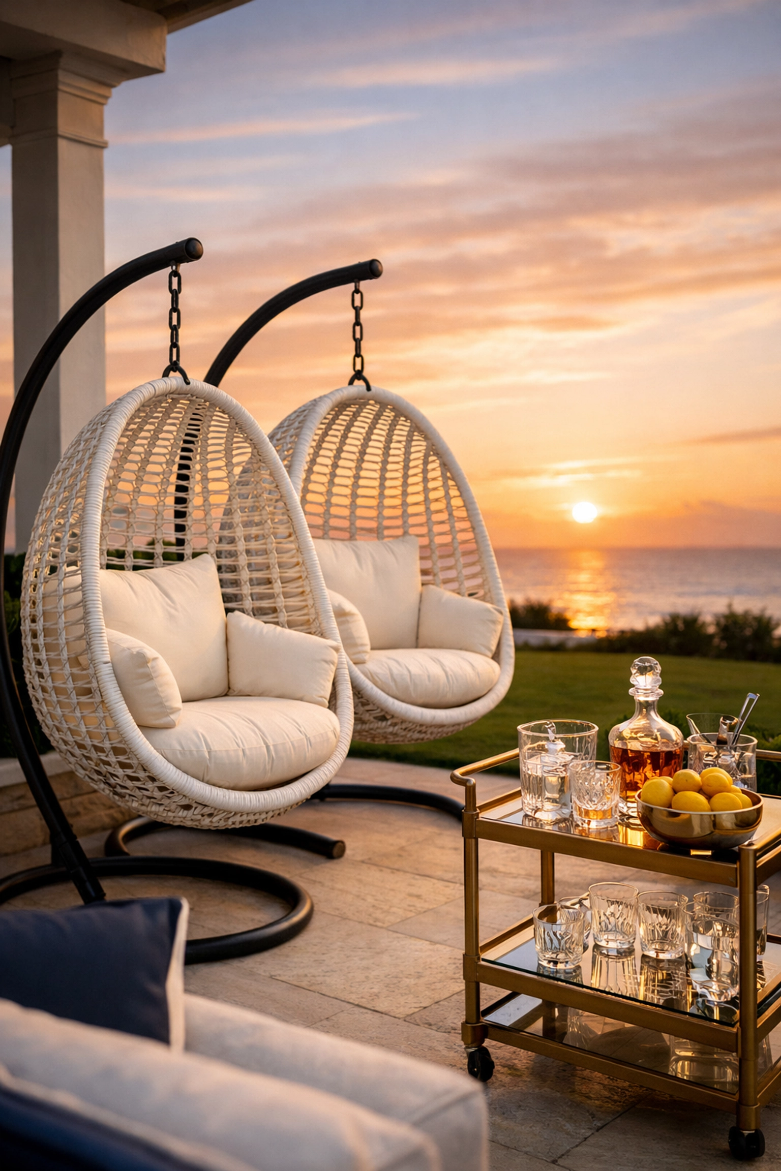 Staged luxury patio with hanging egg chairs and a bar cart showcasing coastal luxury lifestyle for real estate video.