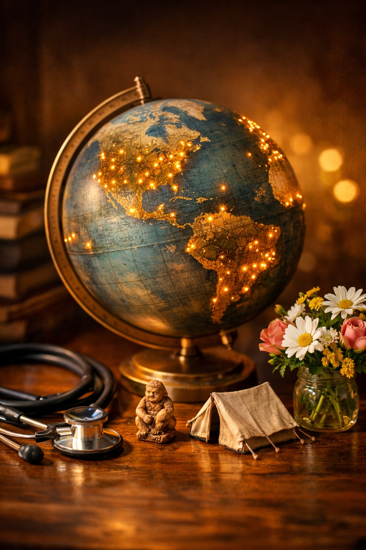 Globe showing hopeful news stories from around the world with symbols of breakthrough