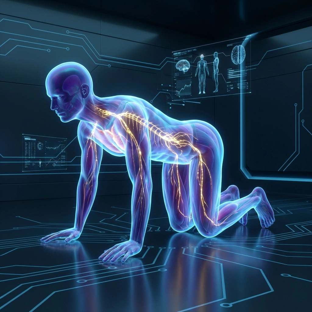 Neural and muscle activation during the Animal Flow Static Beast position, illustrating the brain-body connection.