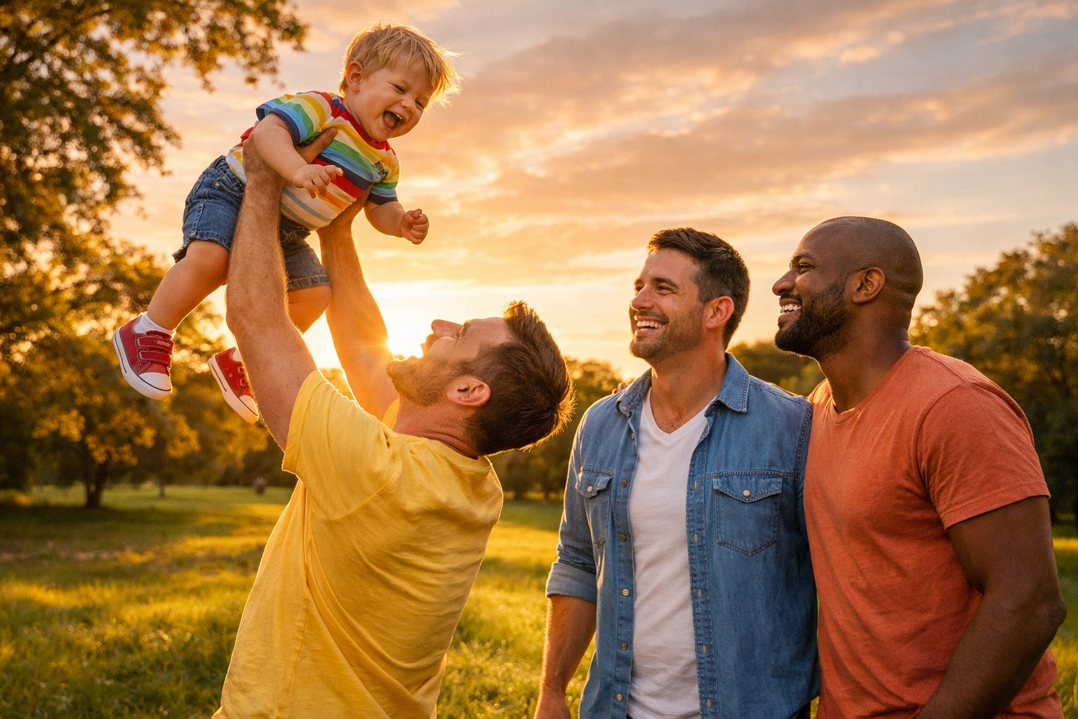 A happy blended LGBTQ+ family with gay parents and a new partner playing with a toddler in a sunny park.