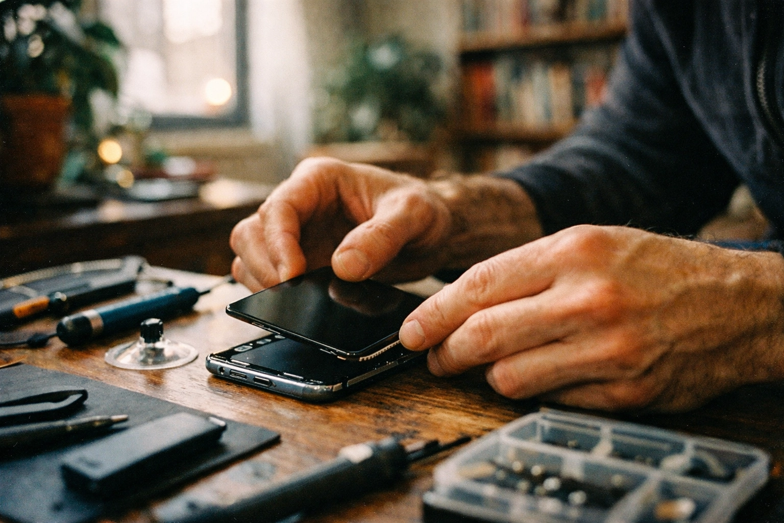Mobile phone repair technician installing new iPhone screen at customer's Brooklyn apartment