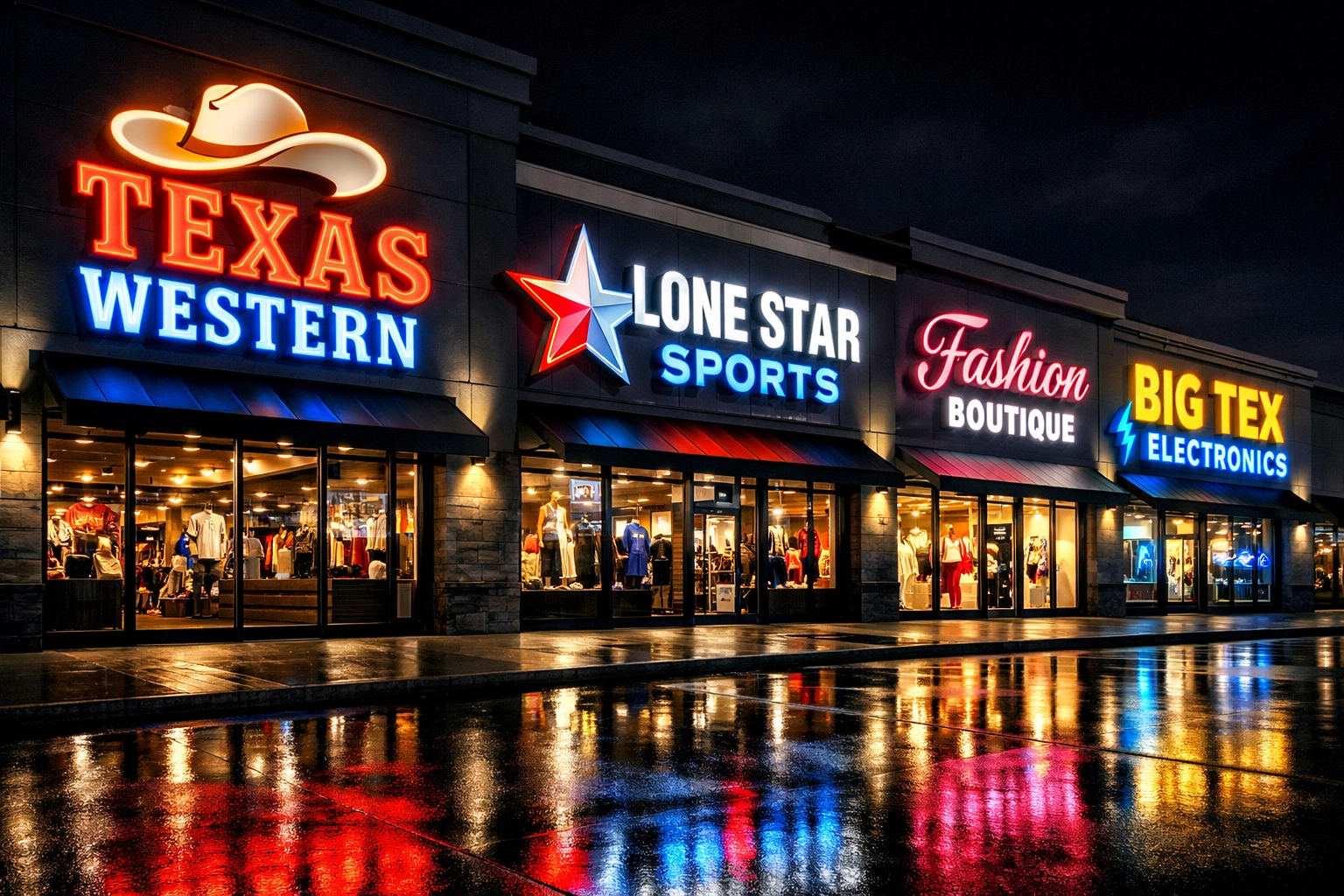 Vibrant multi-colored 3D channel letter signs illuminated at night on a modern Dallas-Fort Worth storefront.