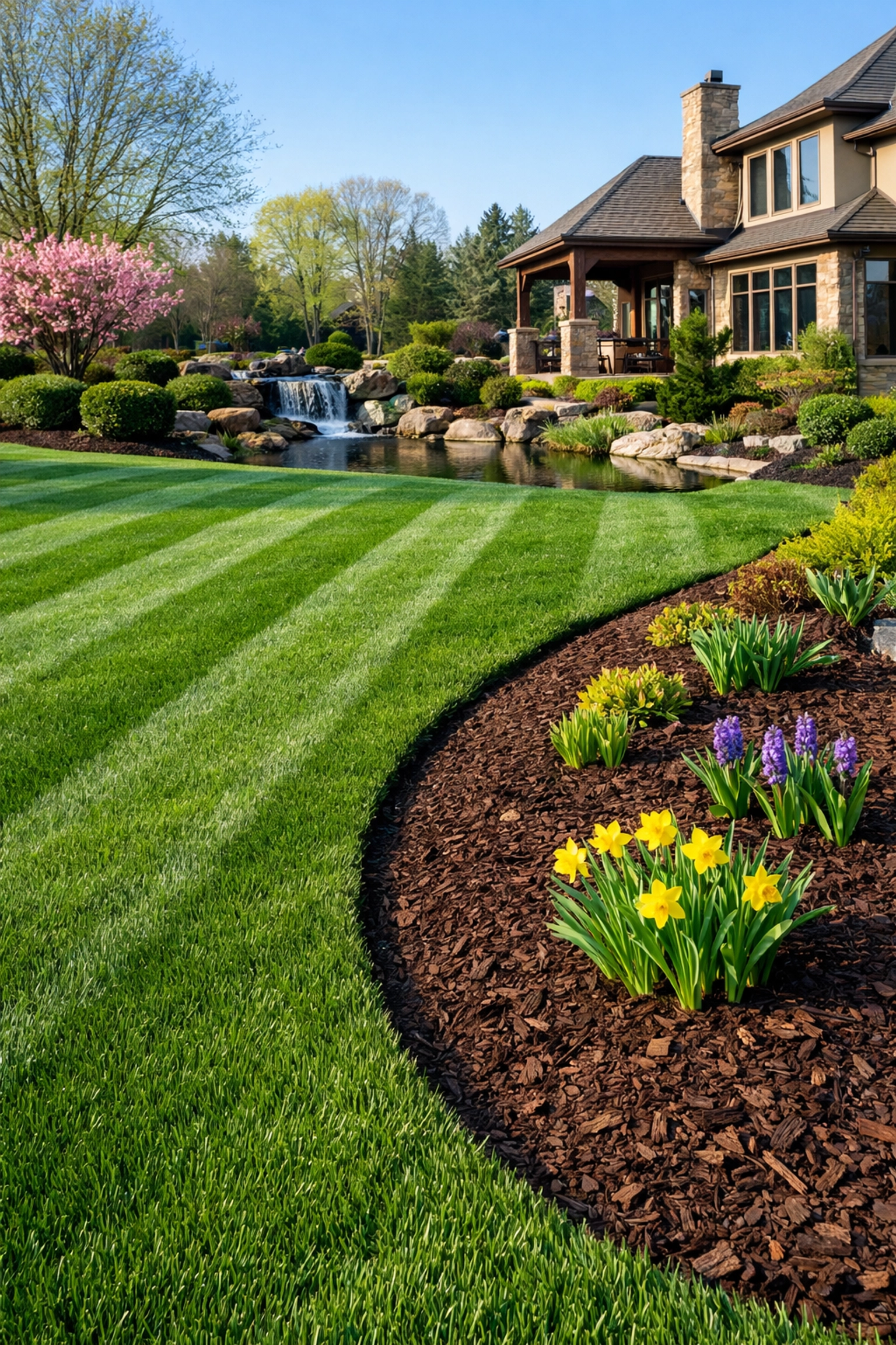 Pristine lawn and mulched garden beds following professional spring cleanup services in Clarkston.