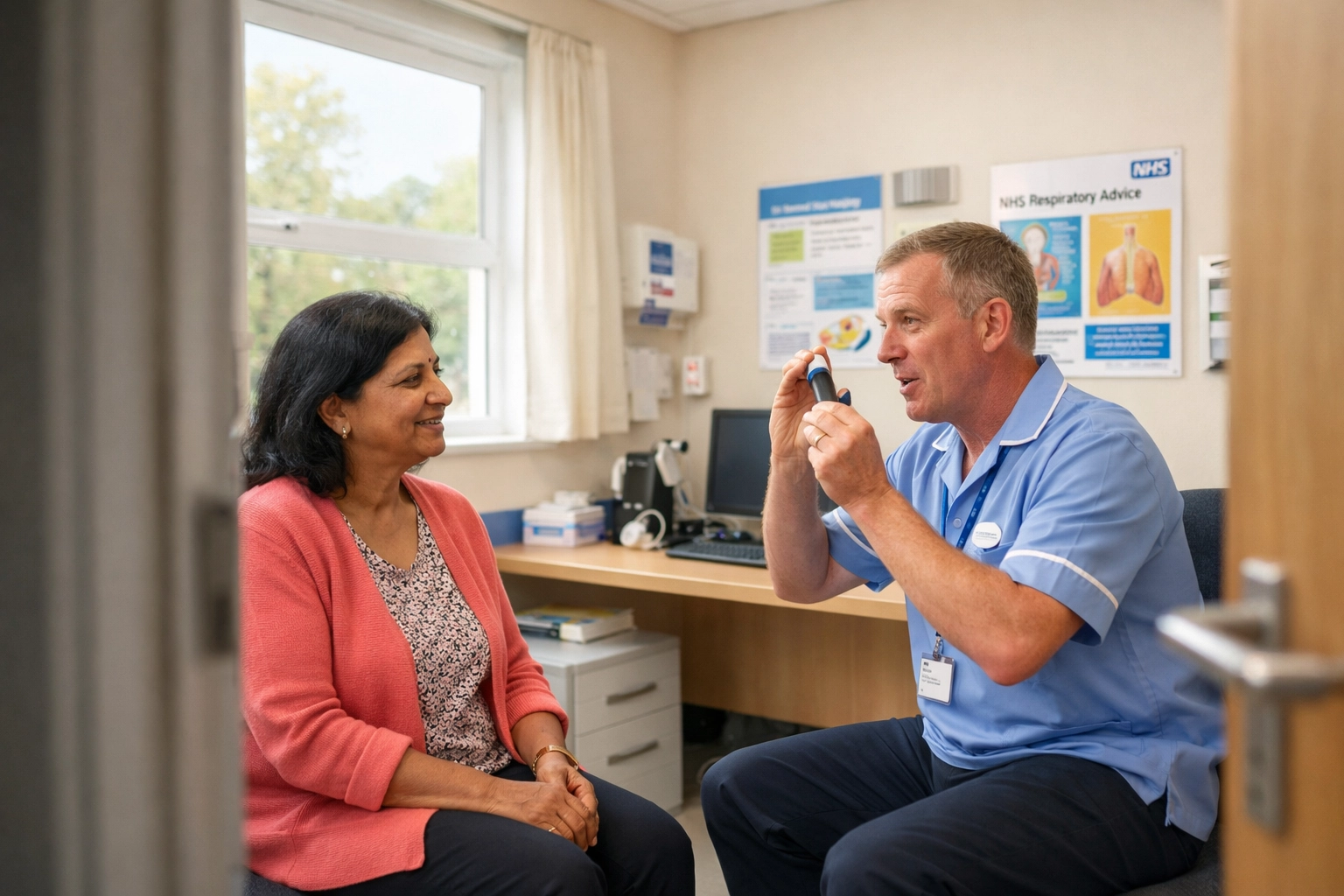 Community respiratory nurse demonstrating proper inhaler technique to patient