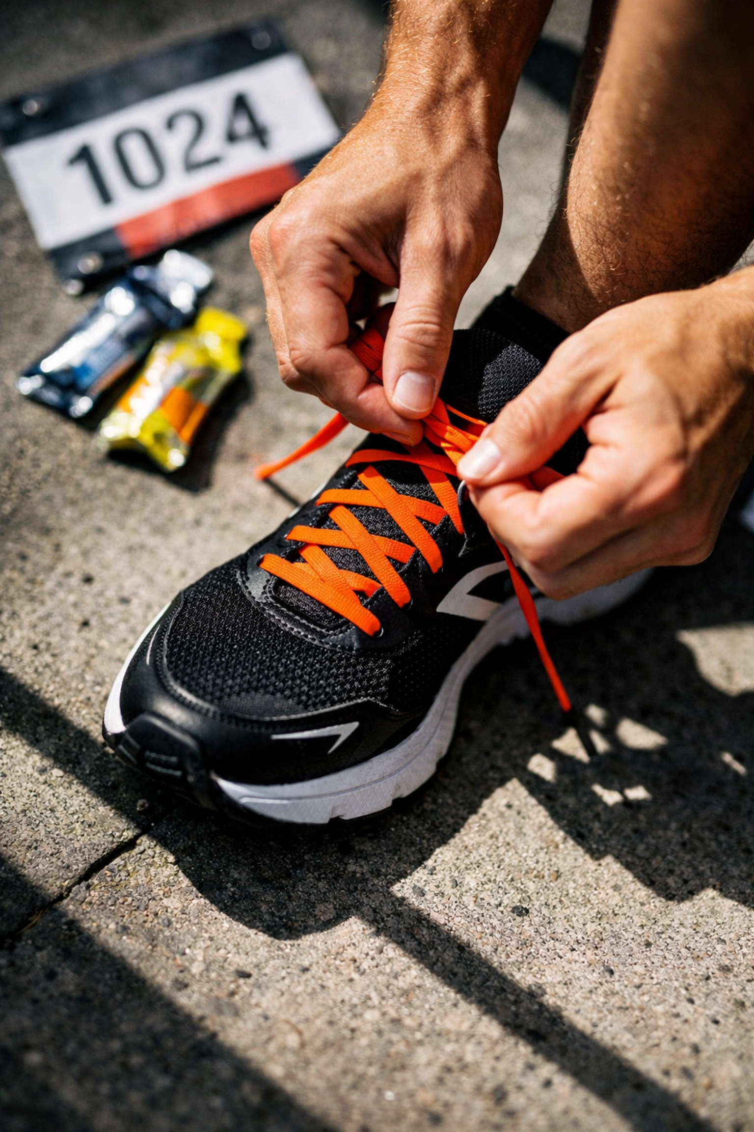 Hands tying running shoe laces preparing for marathon race day