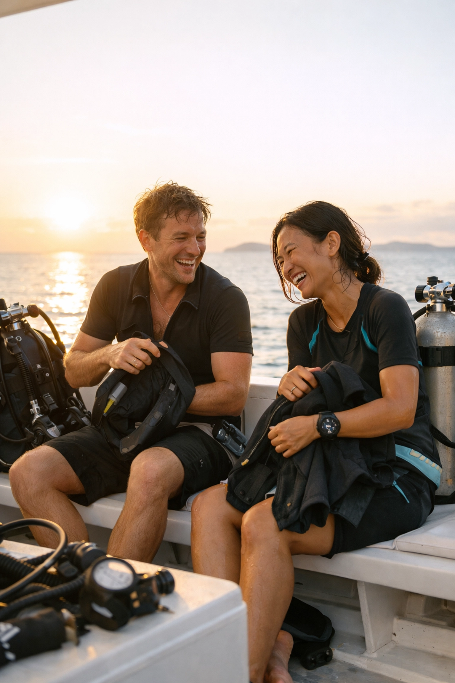 Divers enjoying a sunset on a boat after a successful Philippine scuba expedition.