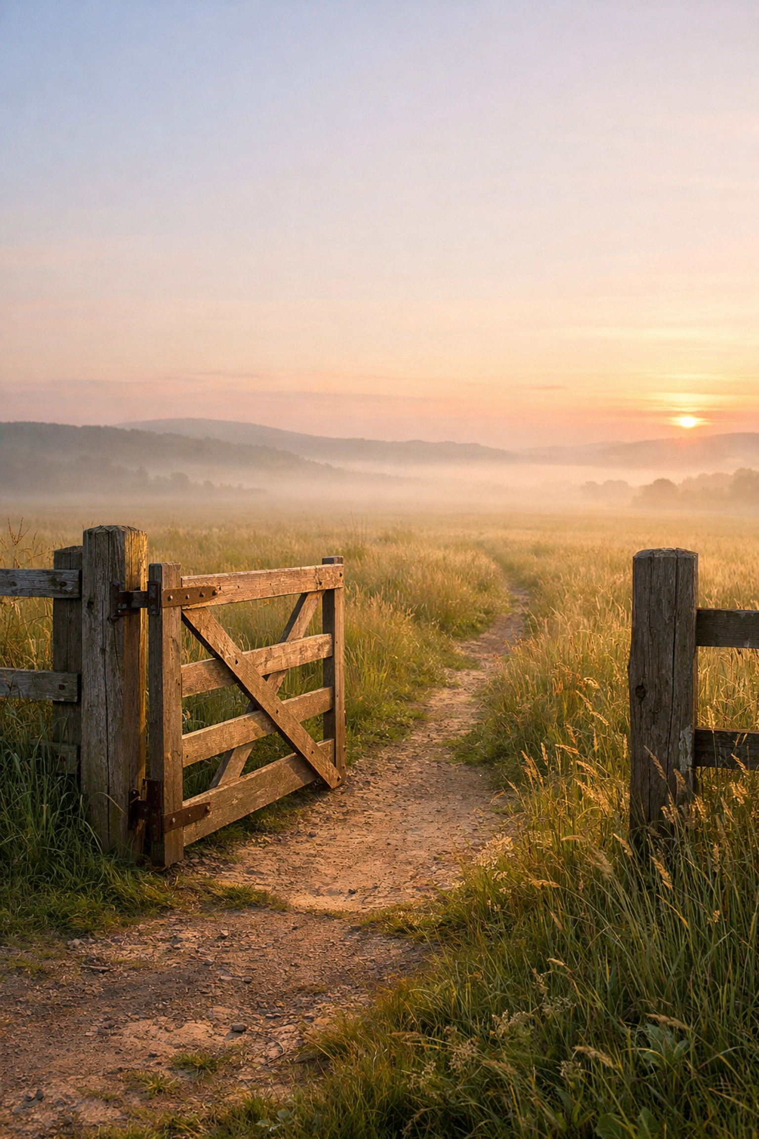 Open gate leading to a vast meadow at sunset, reflecting a peaceful transition in a ceremony for scattering ashes.
