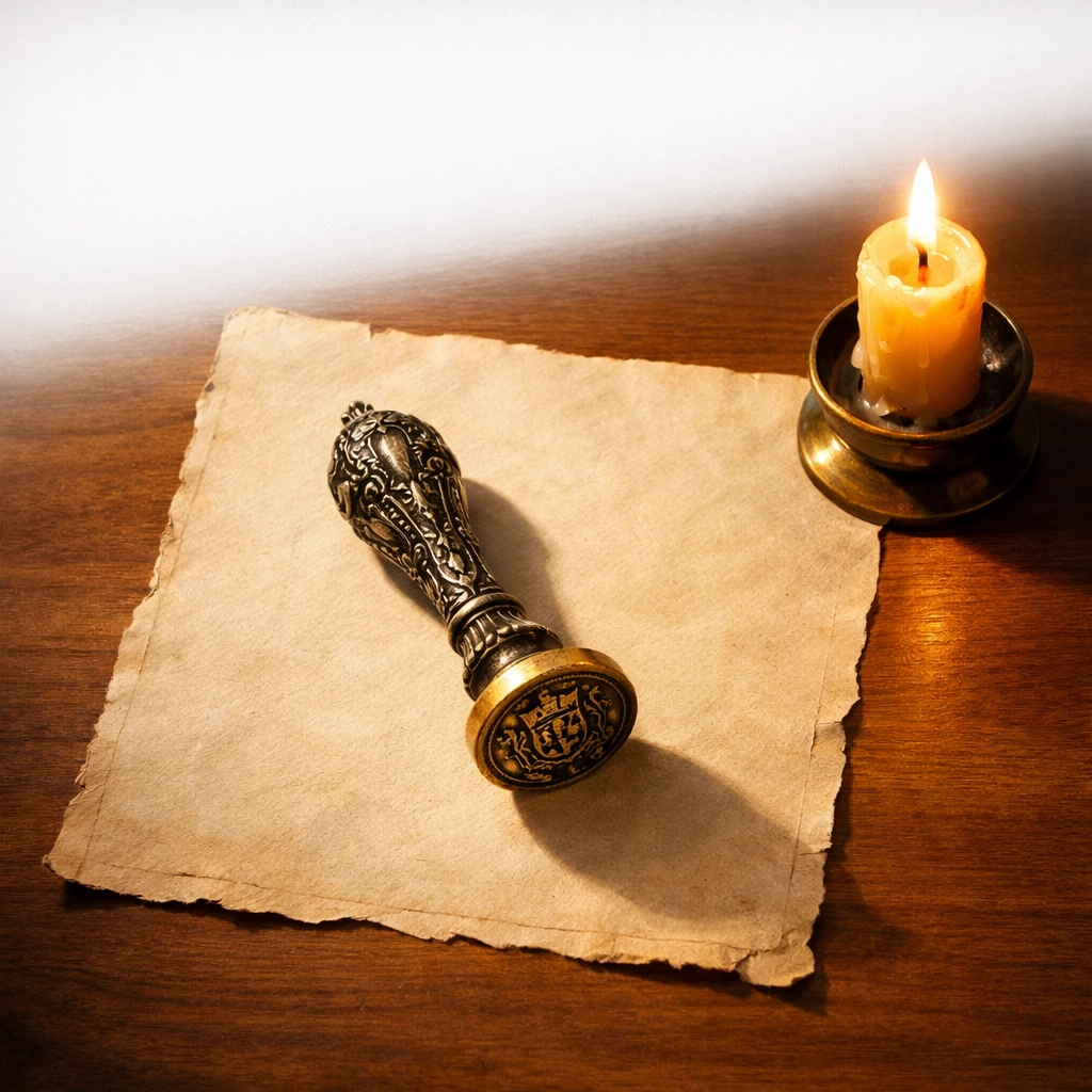 Medieval notary wax seal and parchment documenting royal decrees