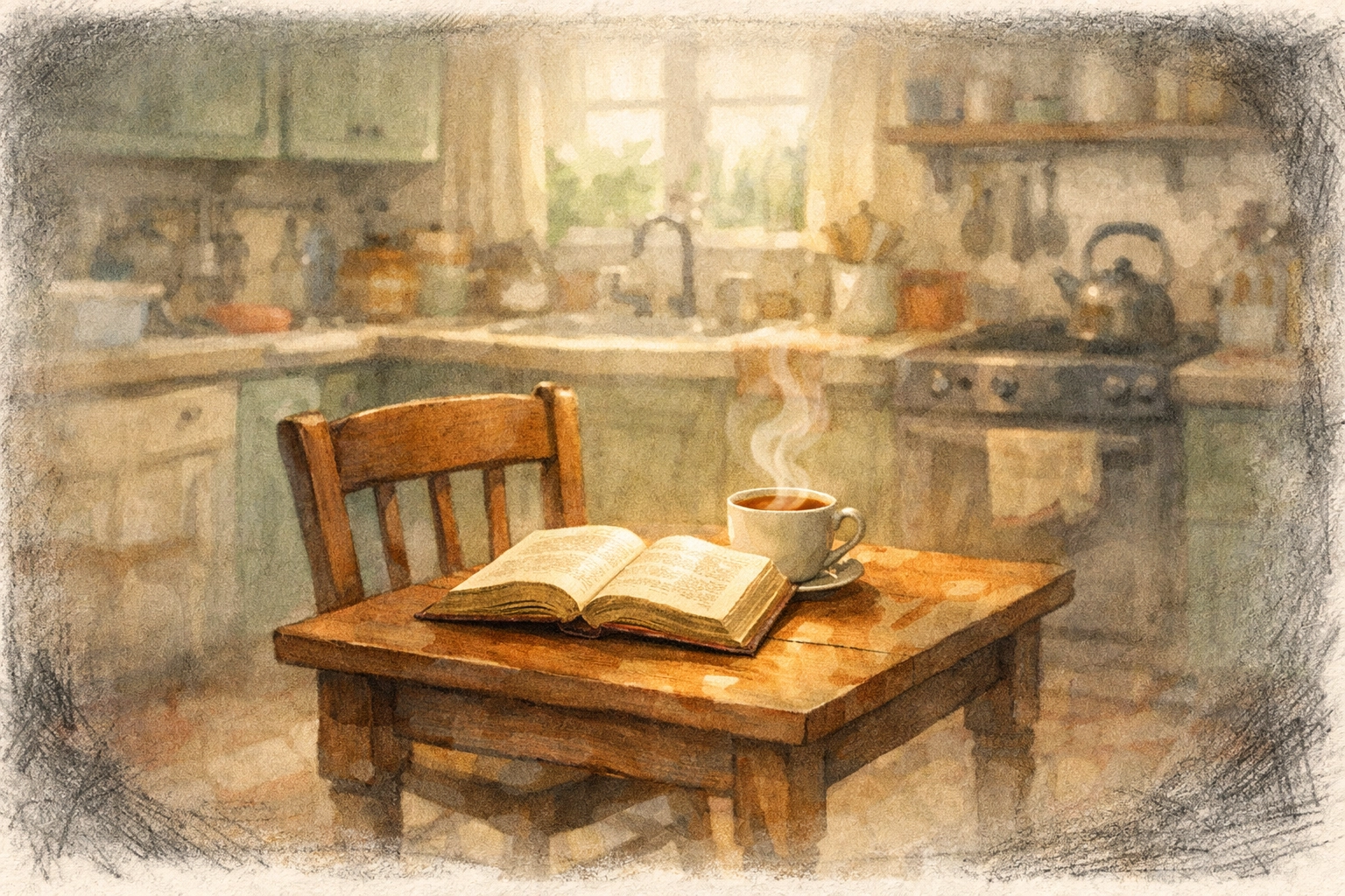 A quiet kitchen table with an open Bible and warm tea, illustrating a calming midday reset for busy parents.