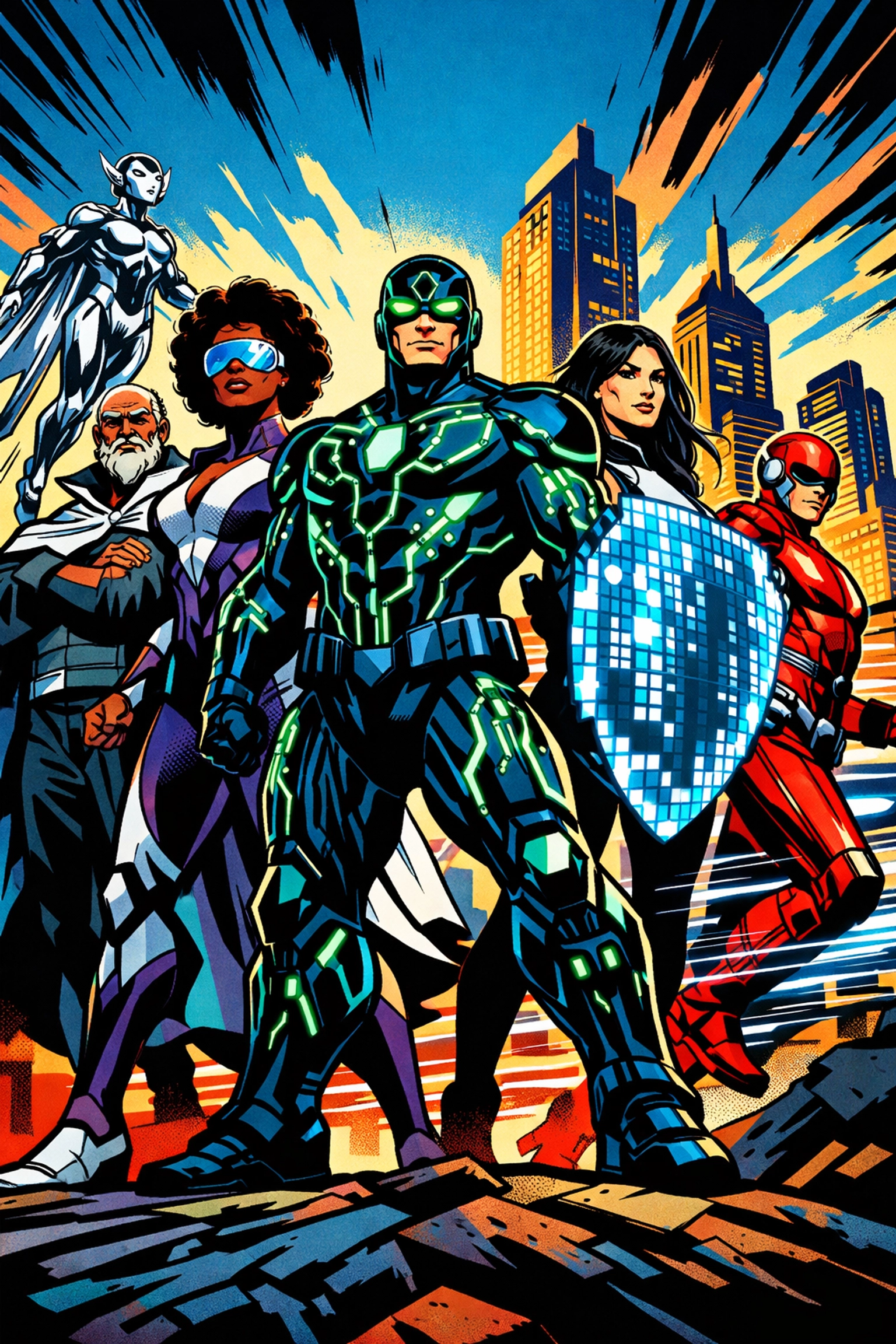 Superhero-themed business automation tools giving a professional team digital powers for productivity.