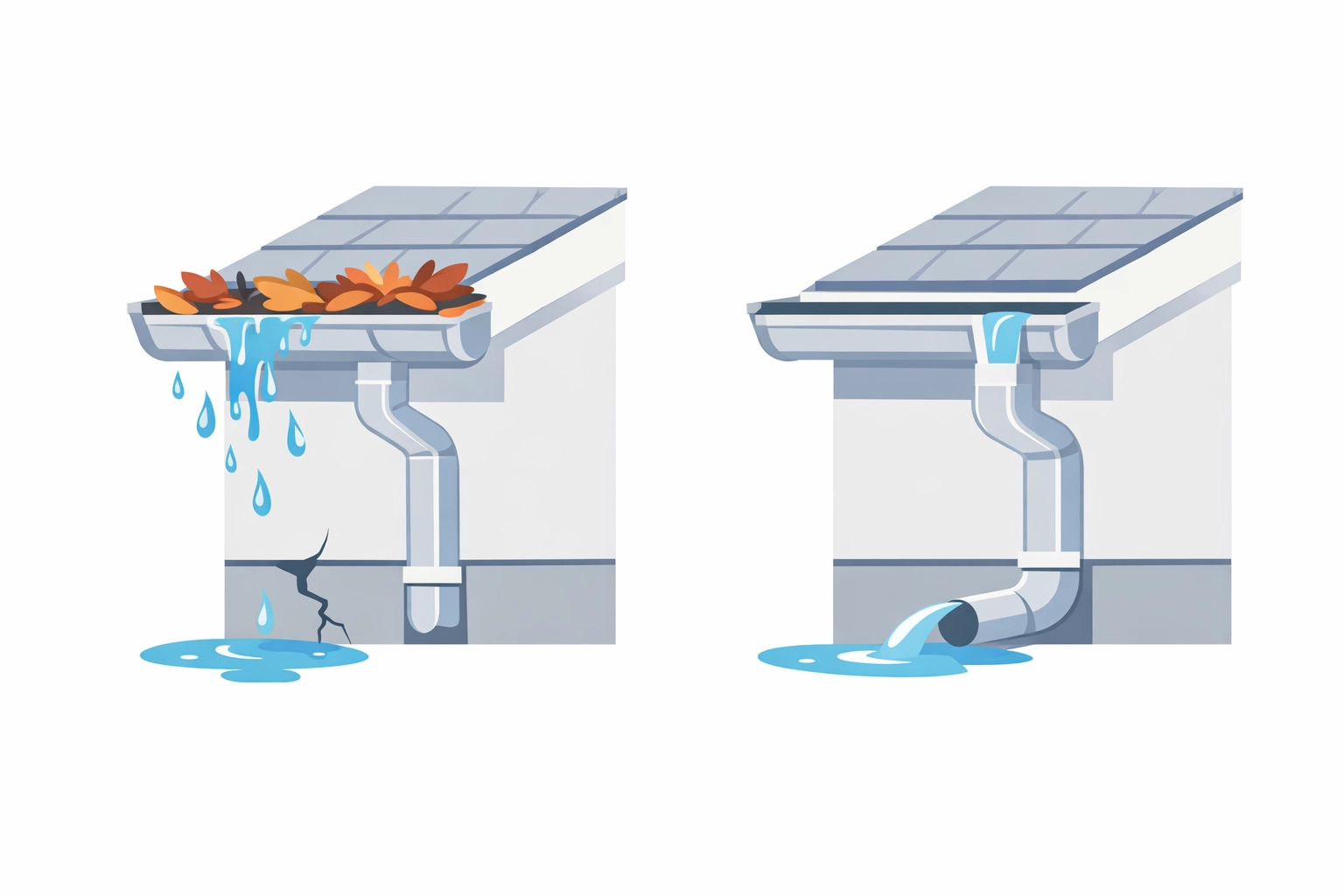 Clogged gutter vs clean gutter comparison showing foundation damage from overflow