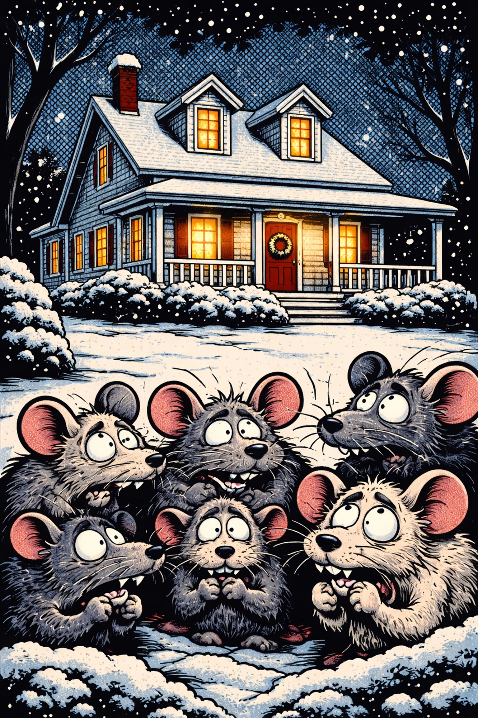 Retro comic-style illustration of mice and rats outside a warm Alabama home in winter, symbolizing rodent invasion risks in Jasper, AL.