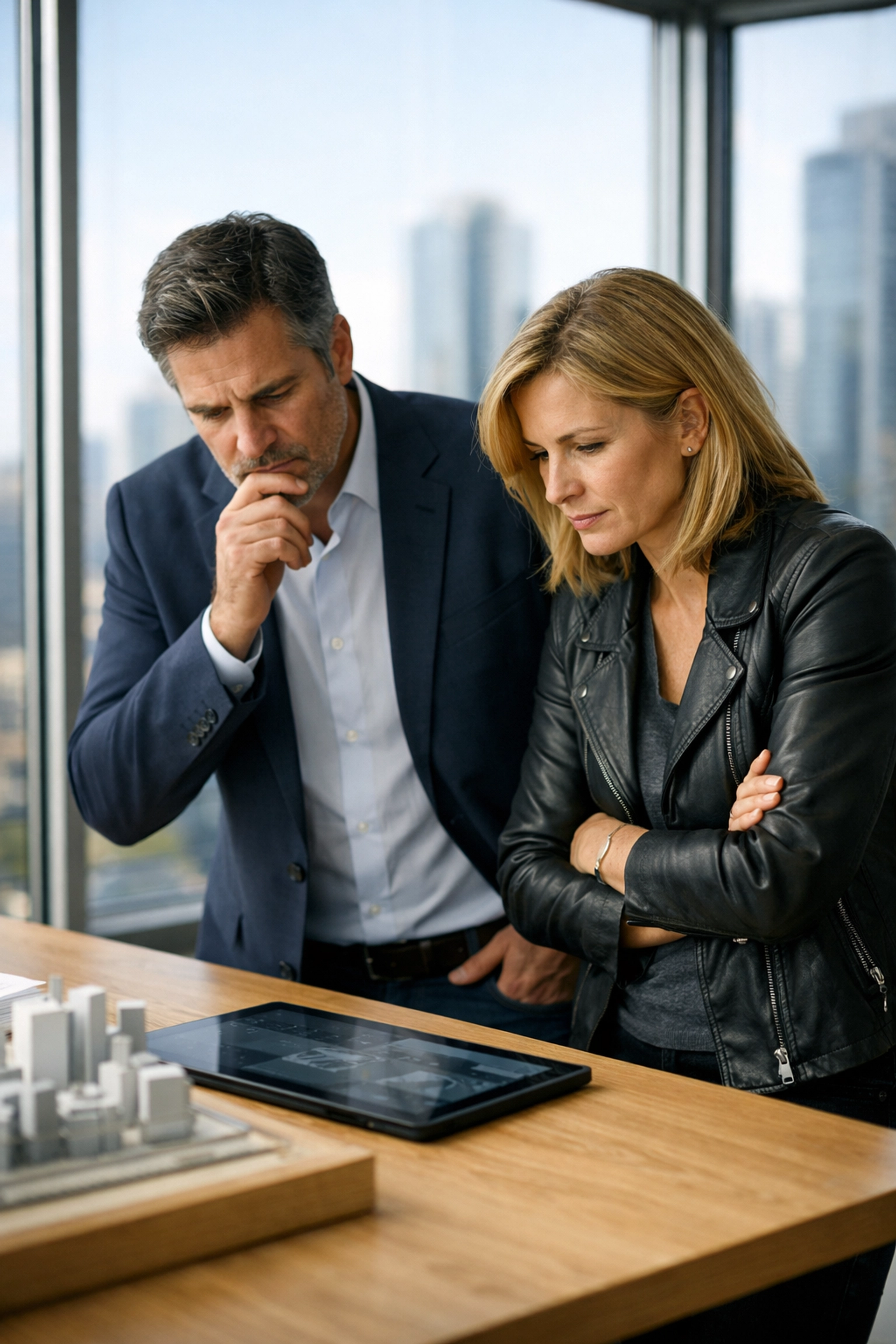 CFO and CTO analyzing ServiceNow technical debt and cost effectiveness in a modern executive office.