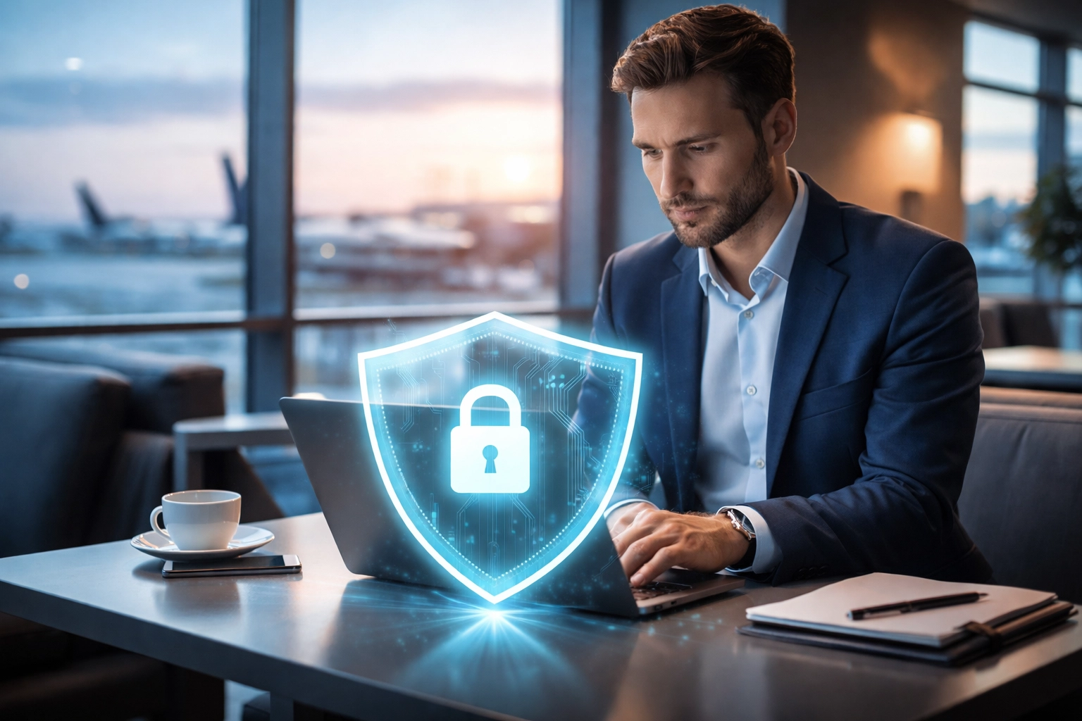 Professional working securely on a laptop with VPN protection in an airport lounge