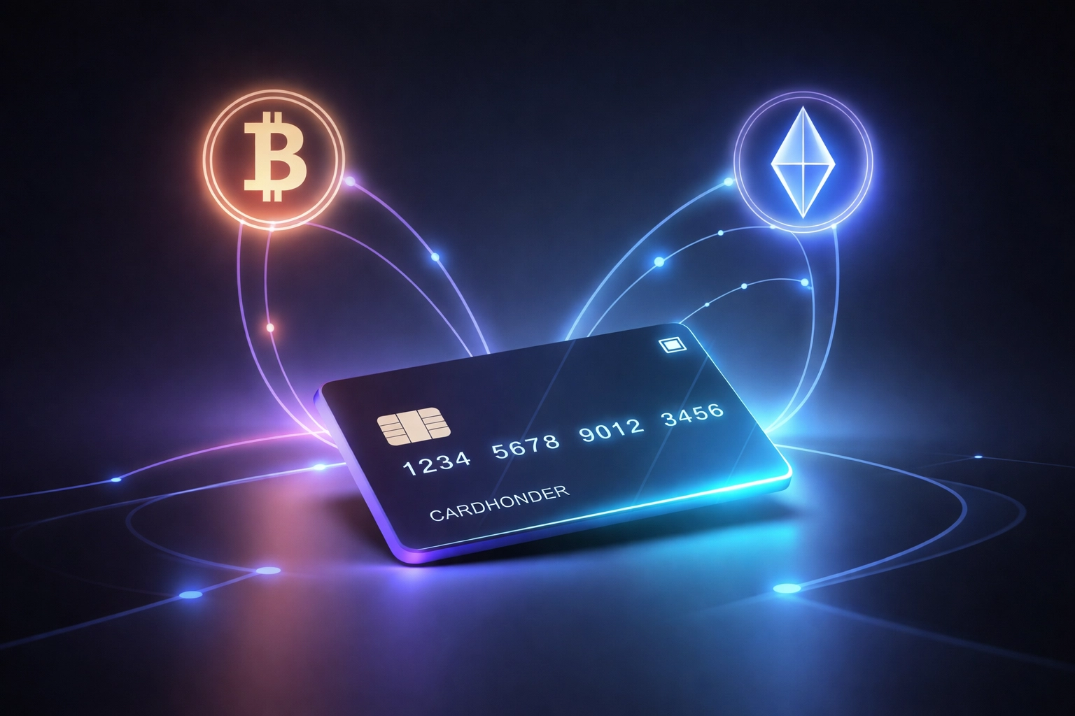 Glowing credit card connected to cryptocurrency icons highlights seamless linking of bank cards for crypto rewards.