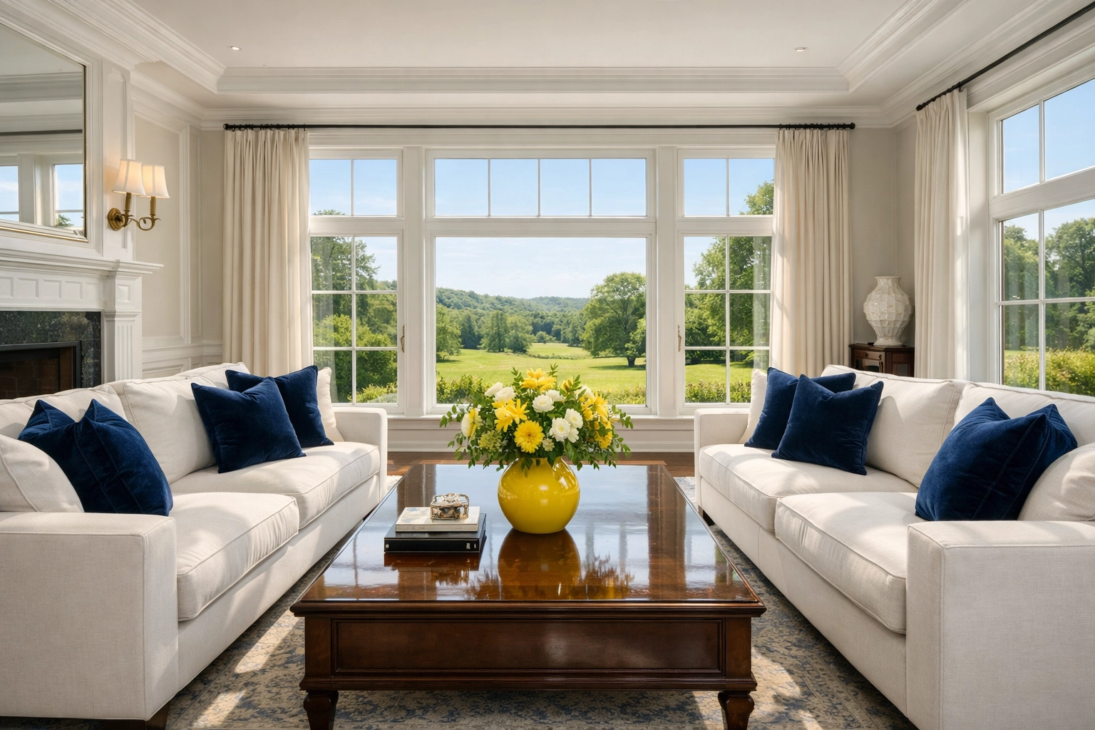 A spotless, sun-drenched living room in a Massachusetts estate showcasing professional house cleaning Dunstable MA.