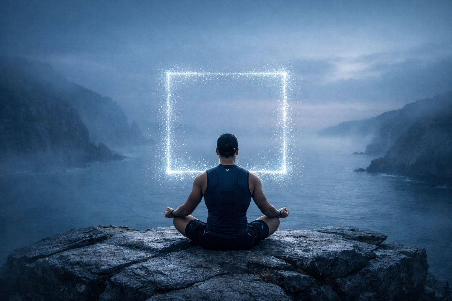 Athlete practicing box breathing with a visual 4-part square for focus and mental clarity.