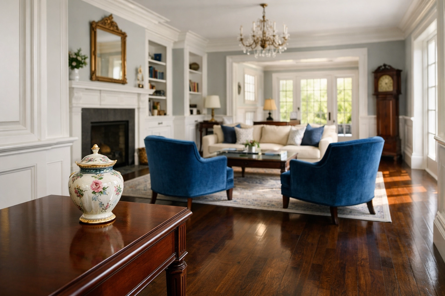 Clean historic living room in Harvard MA highlighting gentle deep cleaning for seniors and heirlooms.