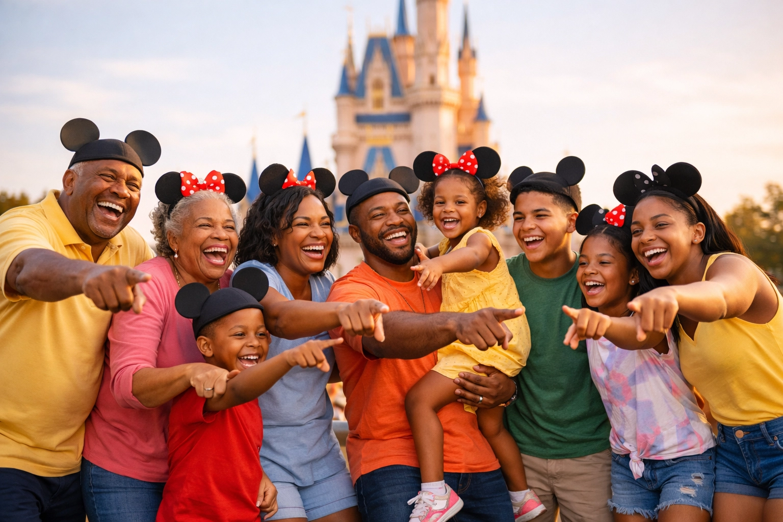 Multi-generational family enjoying Disney Magic Kingdom vacation at Cinderella Castle