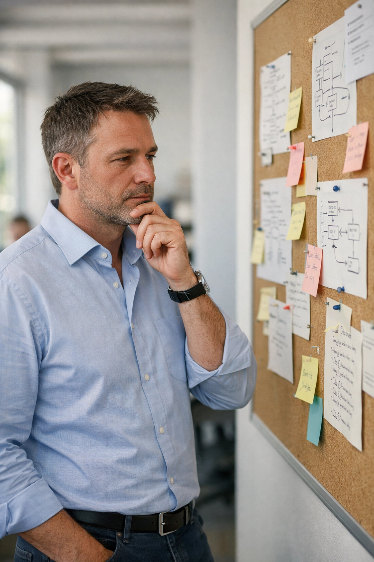 Geschäftsführer analysiert KMU Geschäftsprozesse für eine strukturierte KI Potenzialanalyse im Büro.