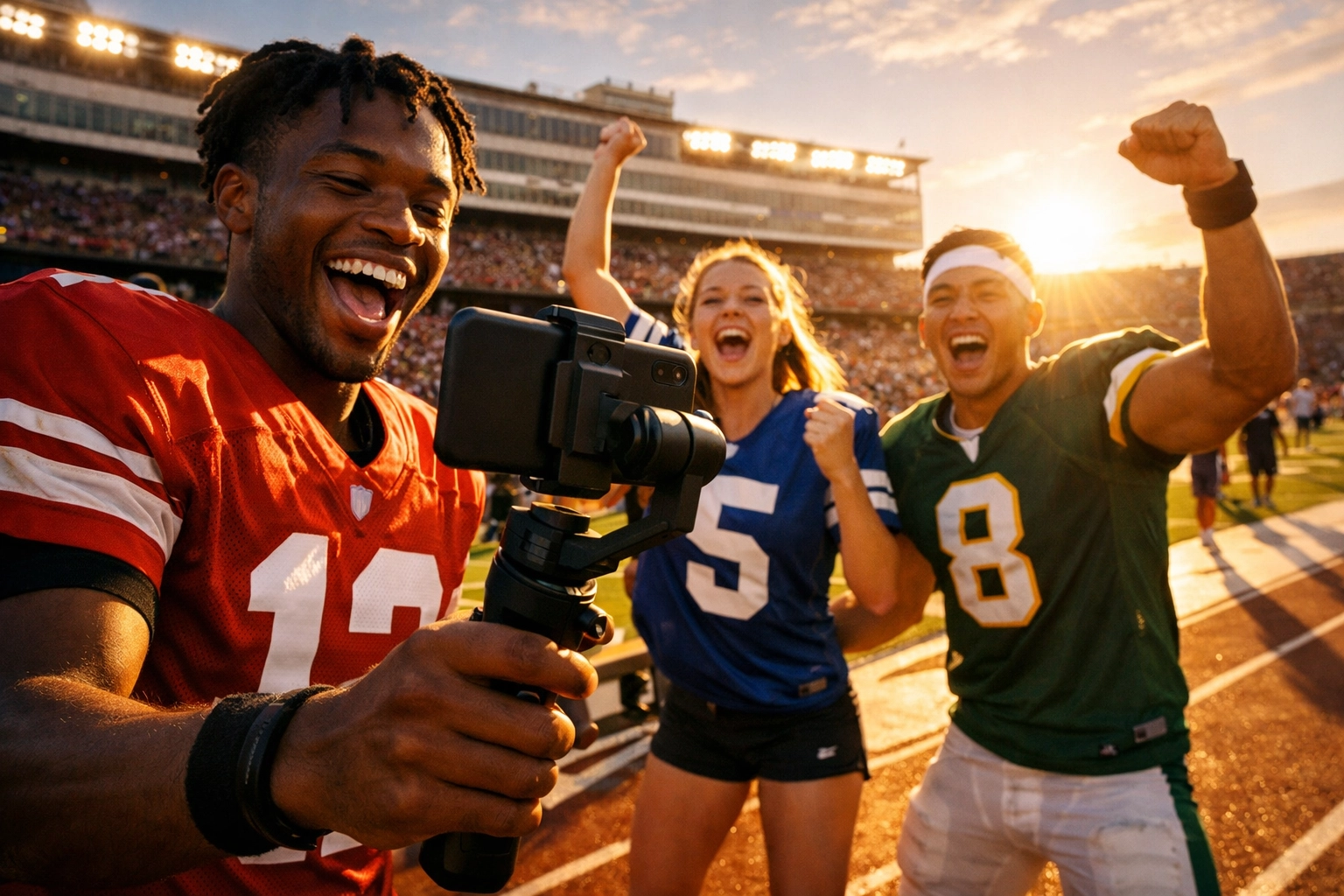 College athletes in a football stadium filming authentic social media content for an NIL campaign.