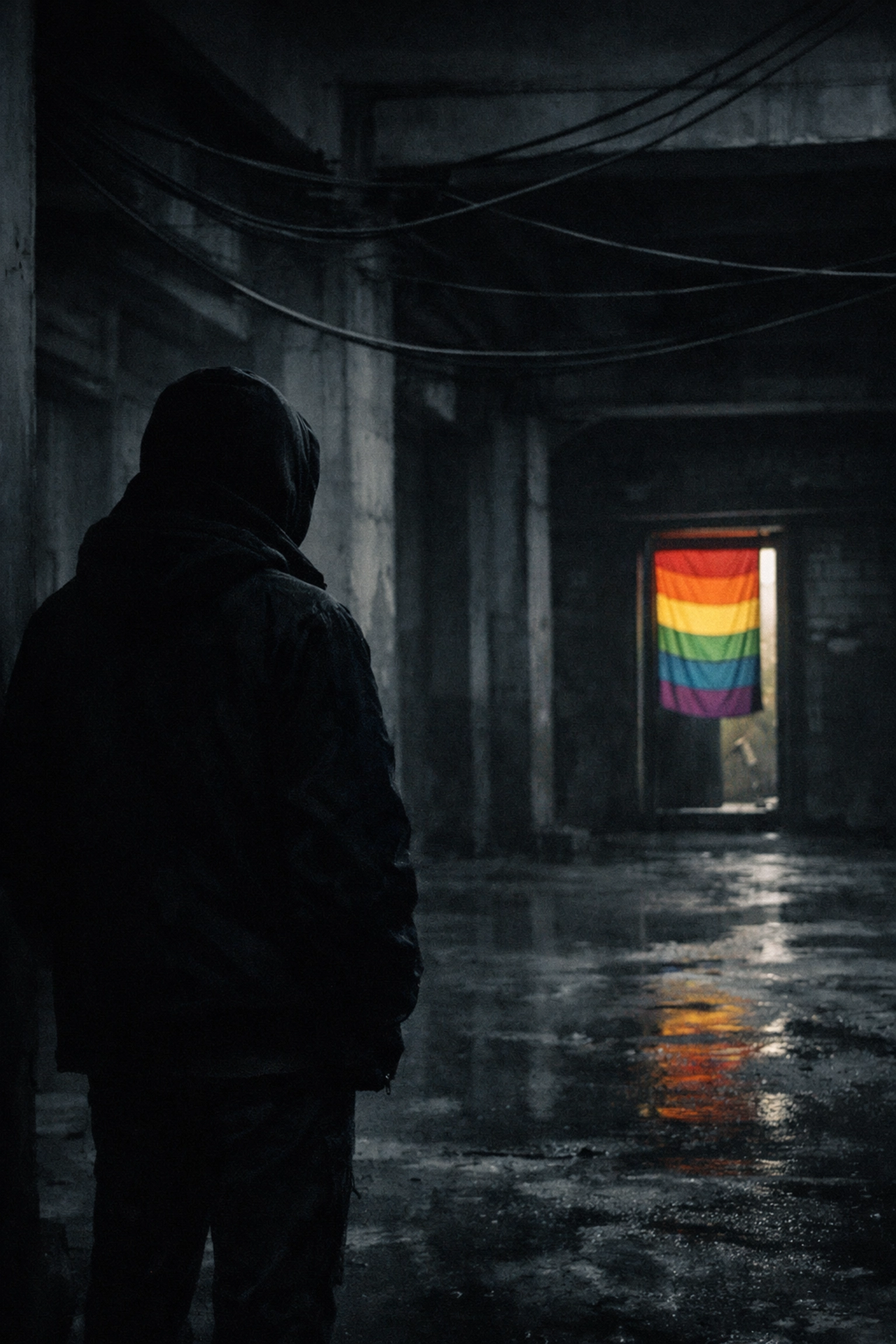 Pride-Flagge als Hoffnungszeichen für queere Menschen in dunkler urbaner Umgebung