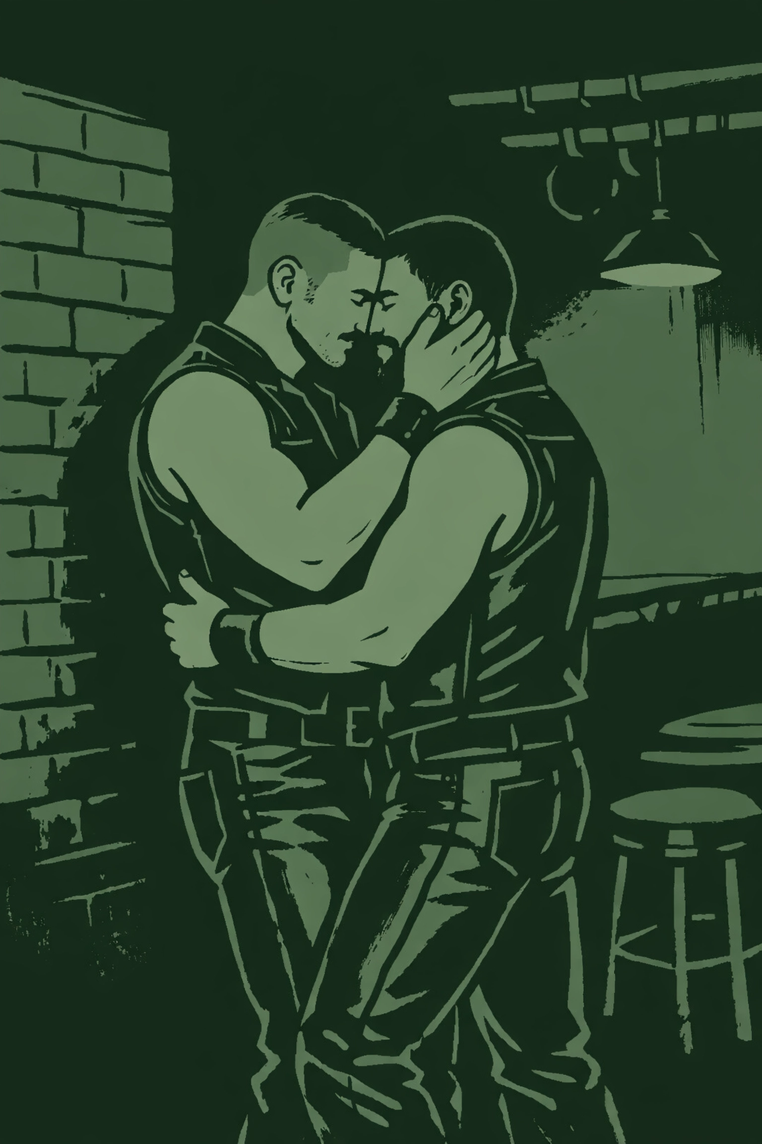 Gay men embrace inside The Mineshaft leather bar, NYC's underground BDSM club in the 1970s
