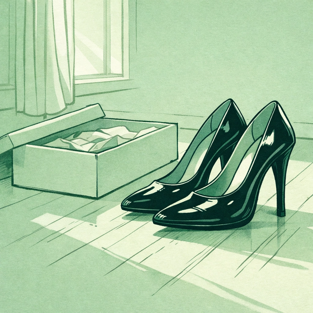 Black patent leather high heels beside shoebox - gay man's first time exploring gender expression