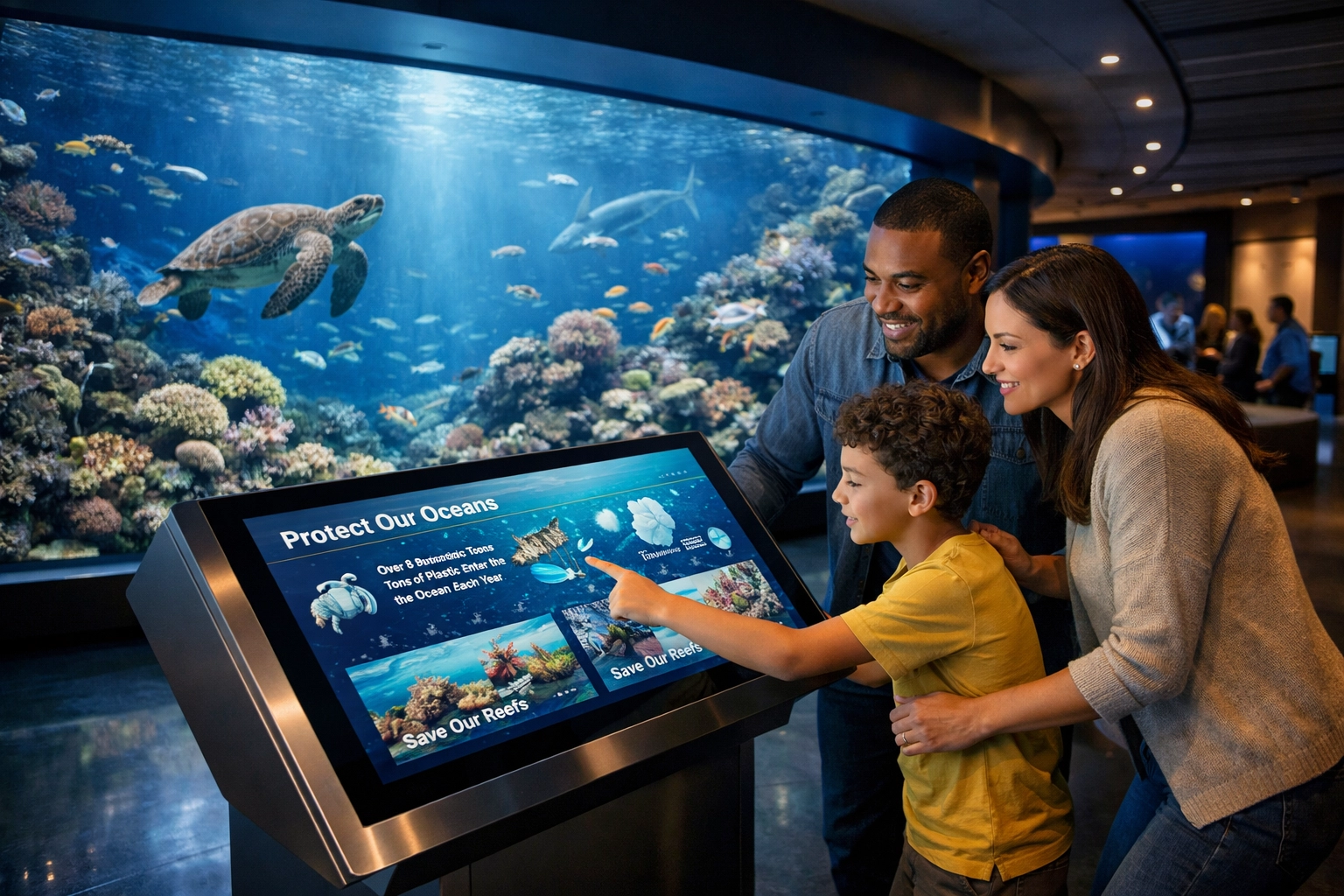Modern aquarium interactive display providing immersive media solutions for zoo and aquarium visitor engagement and education.