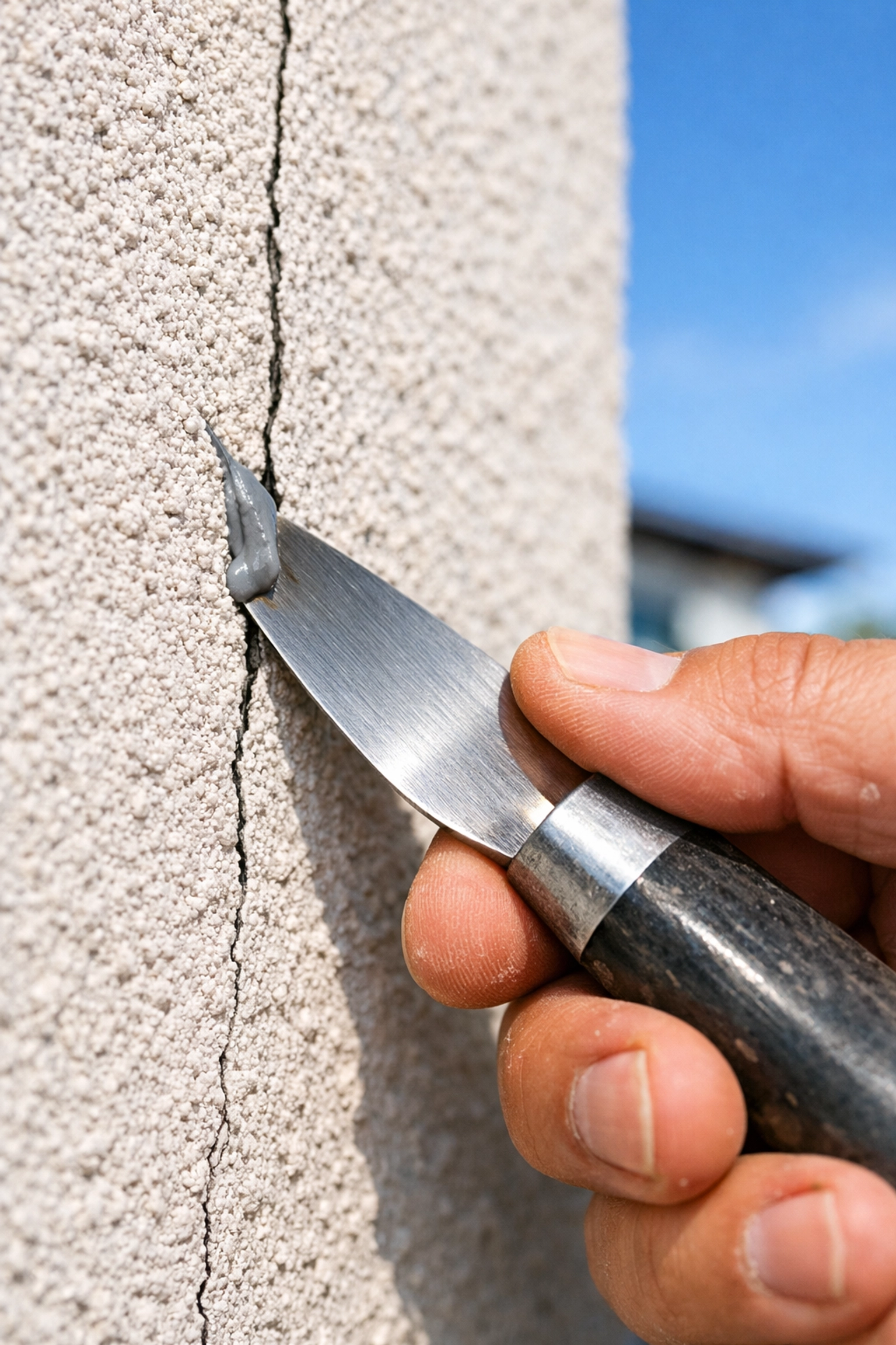 Professional painter repairing a stucco crack with sealant for durable repainting in Austin.