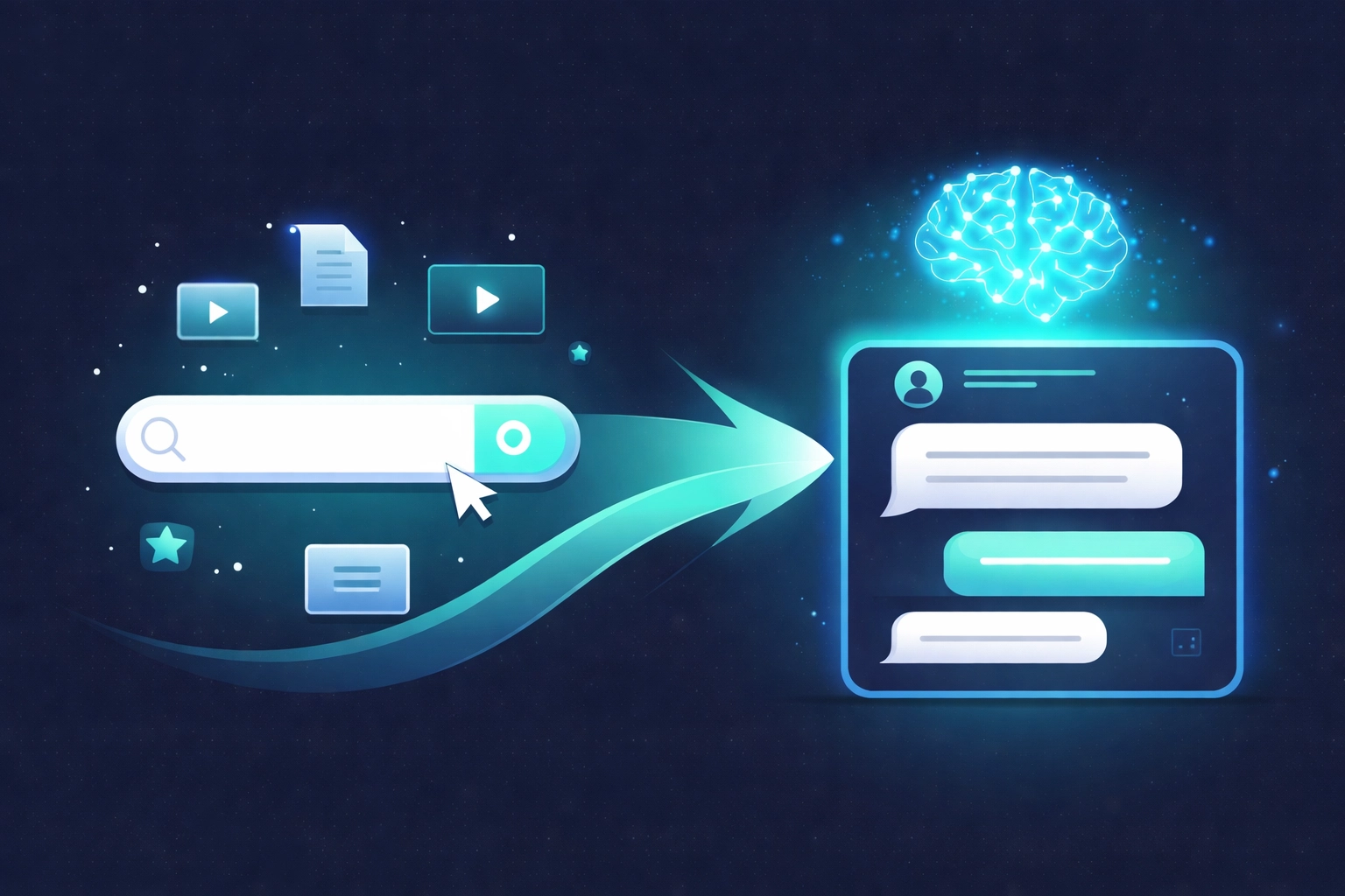 Illustration comparing traditional keyword search with modern AI chat, highlighting the shift in search behavior and SEO strategies.