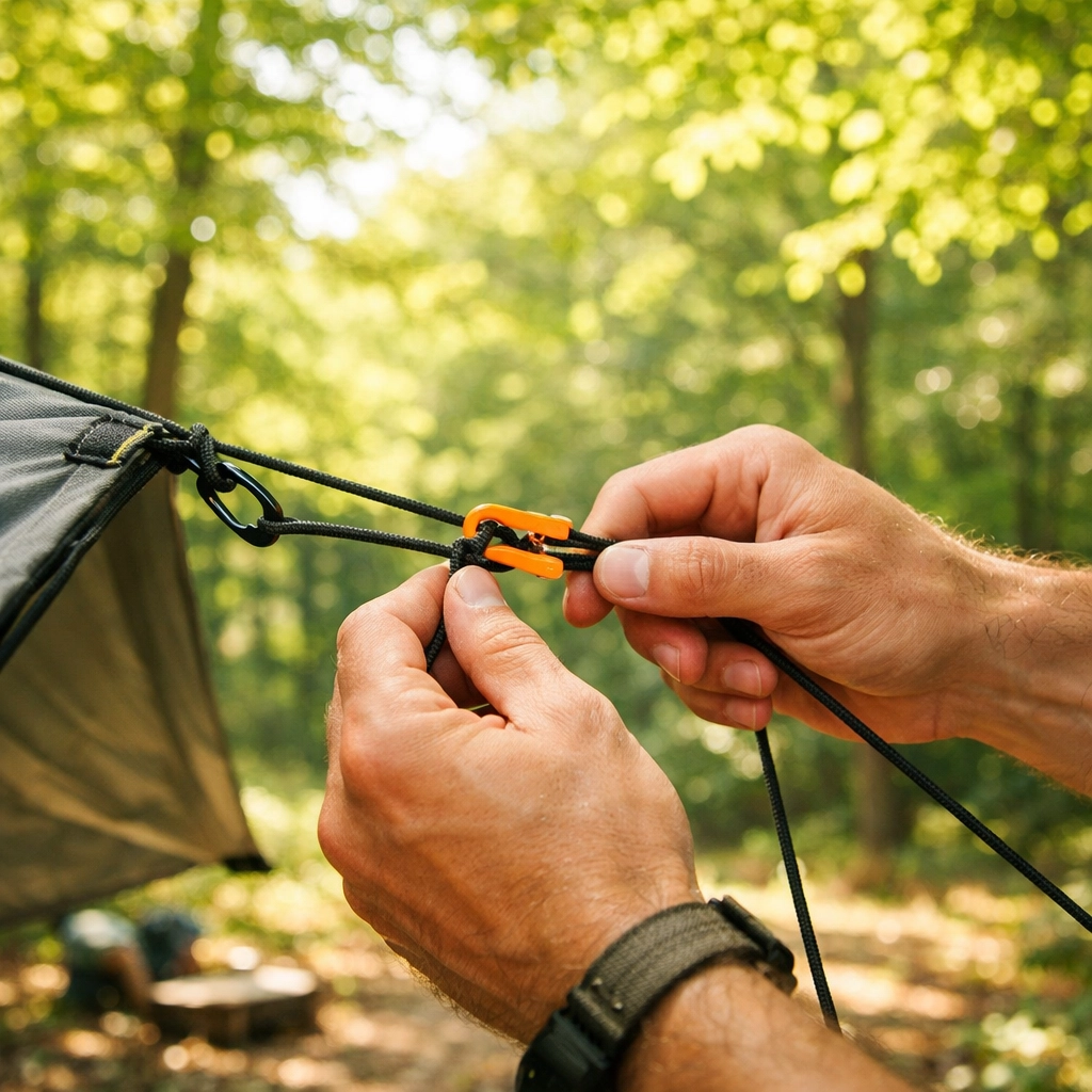 Hands practicing tarp setup and tensioning before a camping adventure UK in the wilderness.