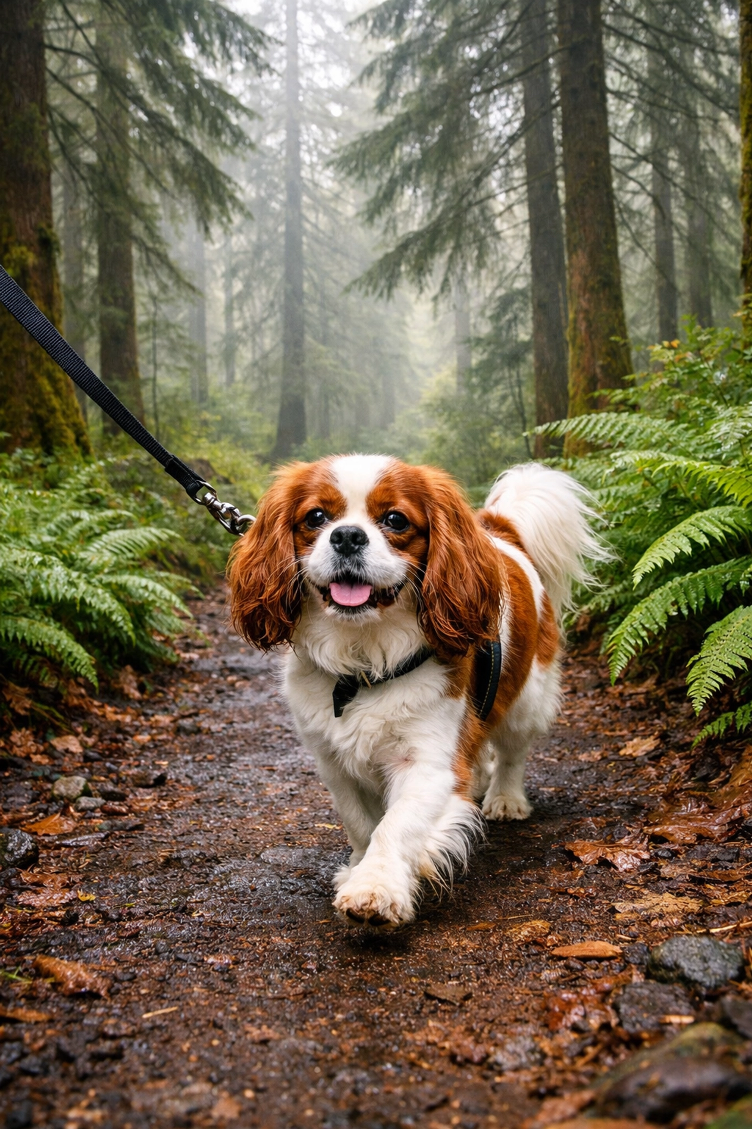 Health-tested Cavalier King Charles Spaniel walking on an Oregon forest trail, demonstrating social drive and confidence.