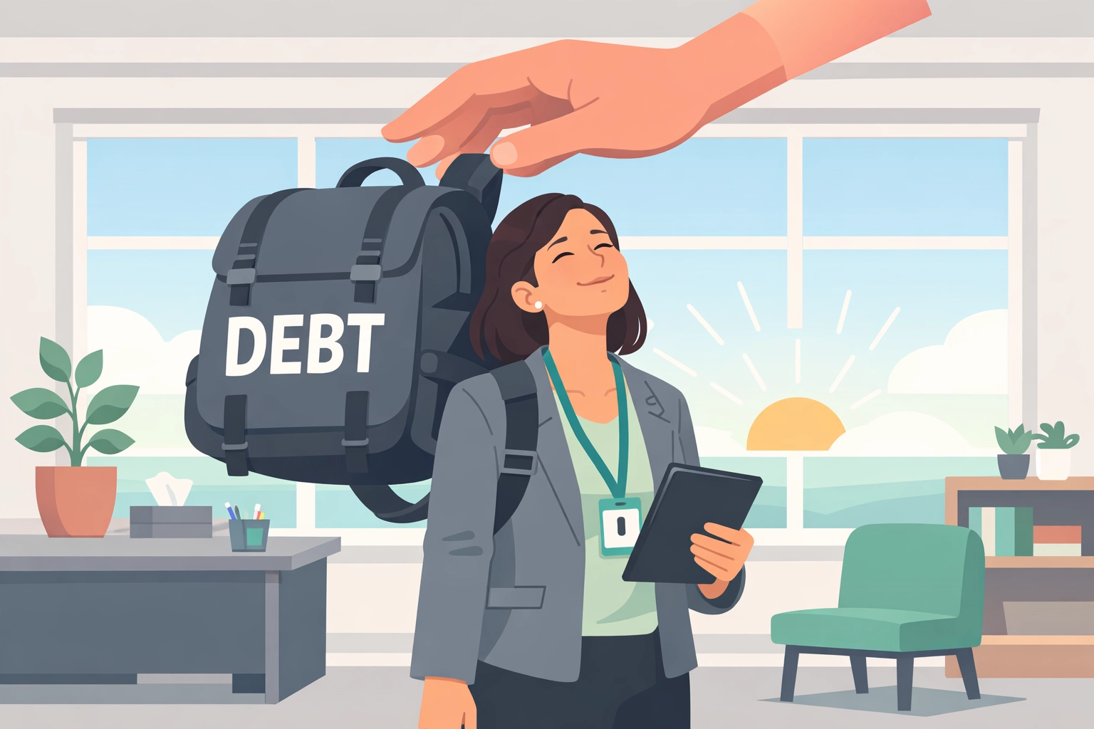 Clinician feeling relief from student debt through repayment programs for psychologist jobs and social workers.