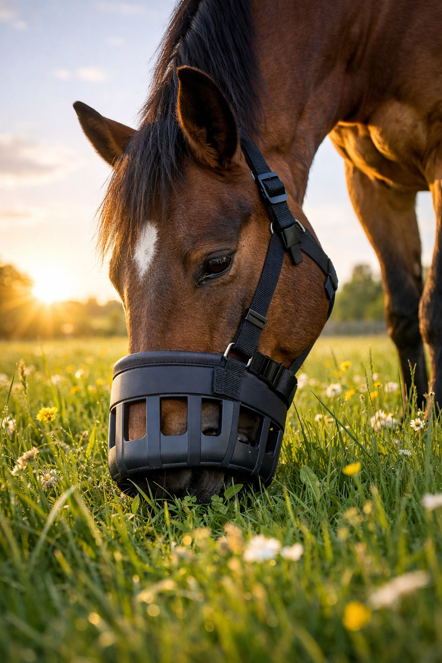 Horse wearing a lightweight grazing muzzle in a spring meadow to prevent laminitis.