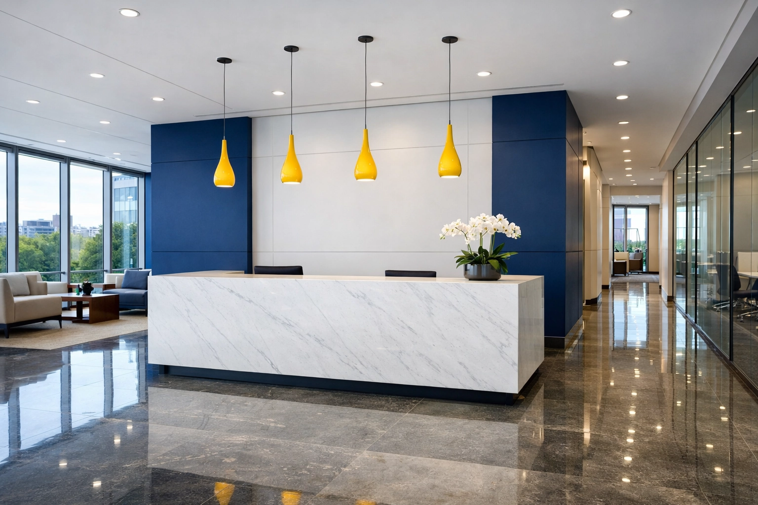 Impeccably clean corporate lobby in Massachusetts reflecting professional commercial cleaning standards.