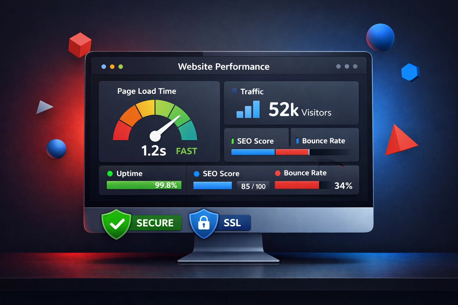 Website performance dashboard showing metrics, speed indicators, and security status