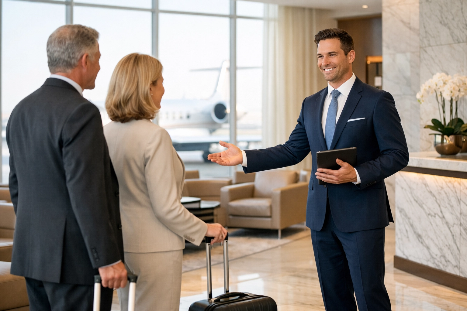 Luxury corporate travel concierge assisting executives in a private aviation lounge for Super Bowl event logistics.