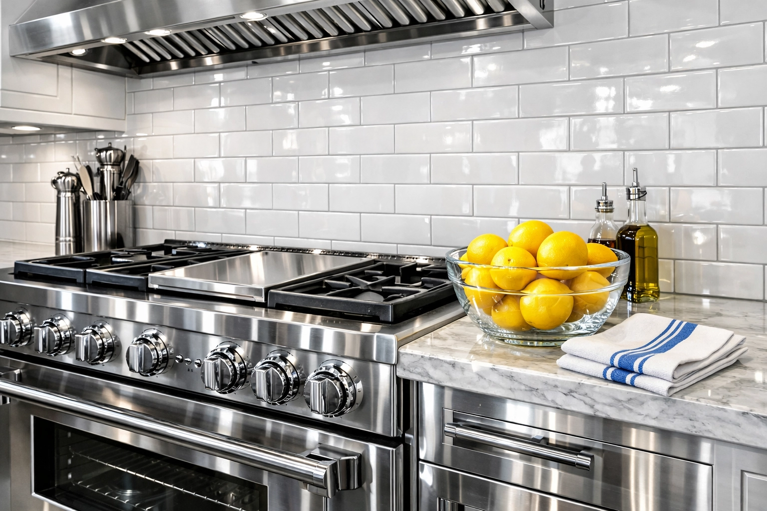 Professionally cleaned luxury kitchen with spotless marble countertops and stainless steel range in a Massachusetts home.