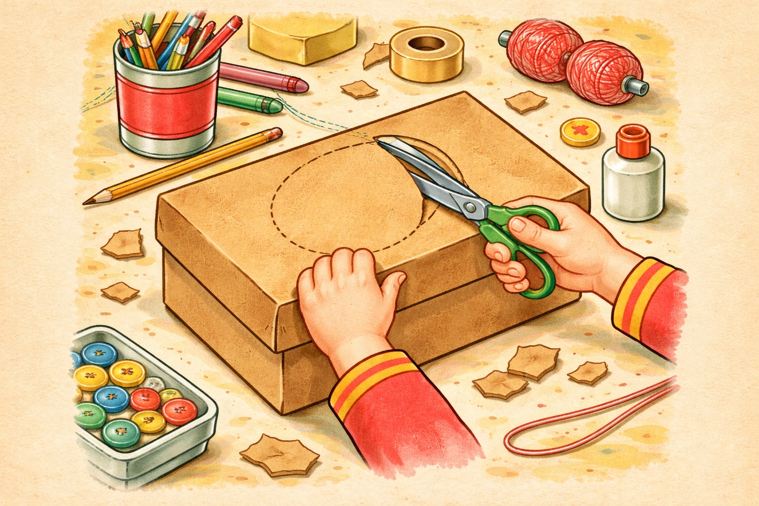 Child cutting a circular hole in a cardboard box to create the body of a DIY rubber band guitar