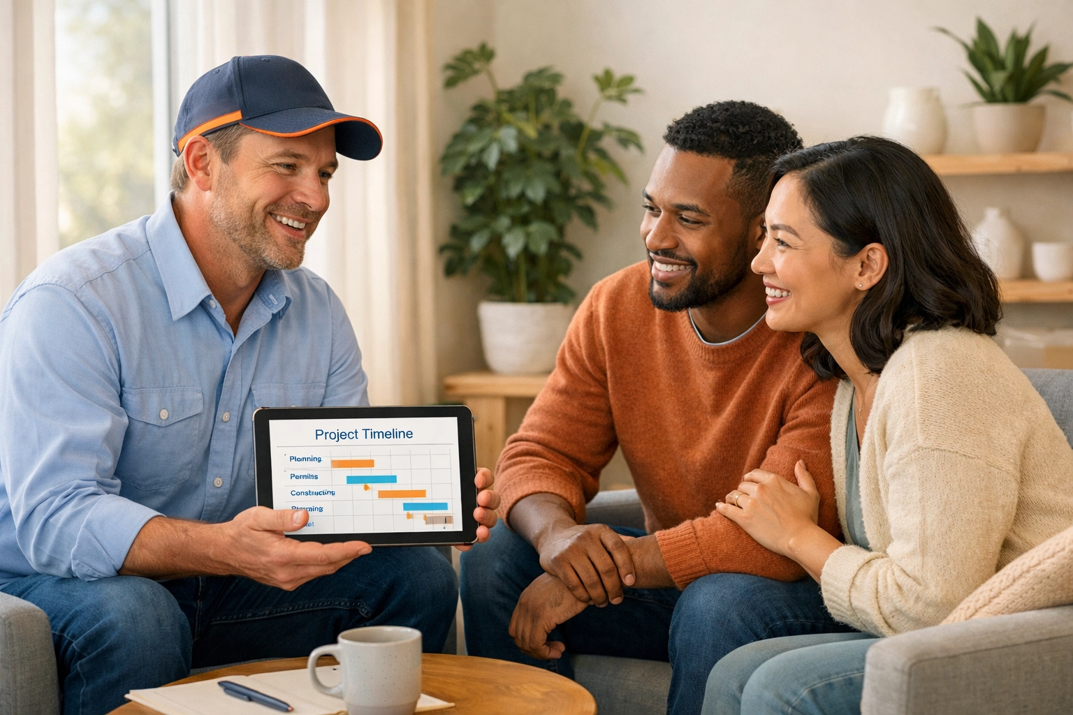 General contractor in South Florida explaining a construction project timeline and management plan to clients.