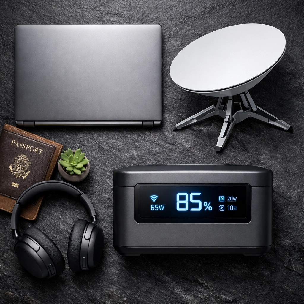 Essential 2026 remote work hardware including a laptop, portable power station, and satellite internet dish.
