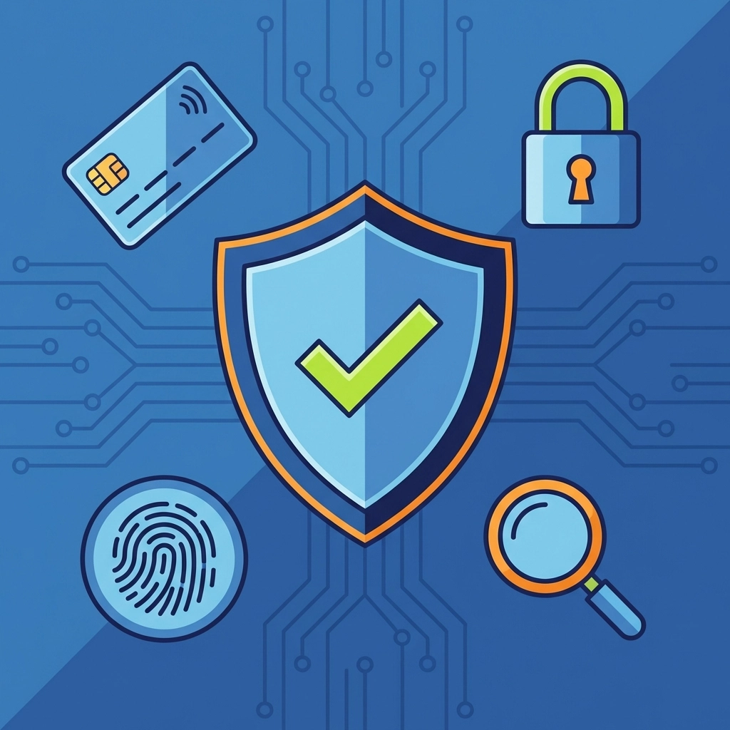 Shield icon with credit card, lock, fingerprint, and magnifying glass symbols, representing financial protection and identity security for families.
