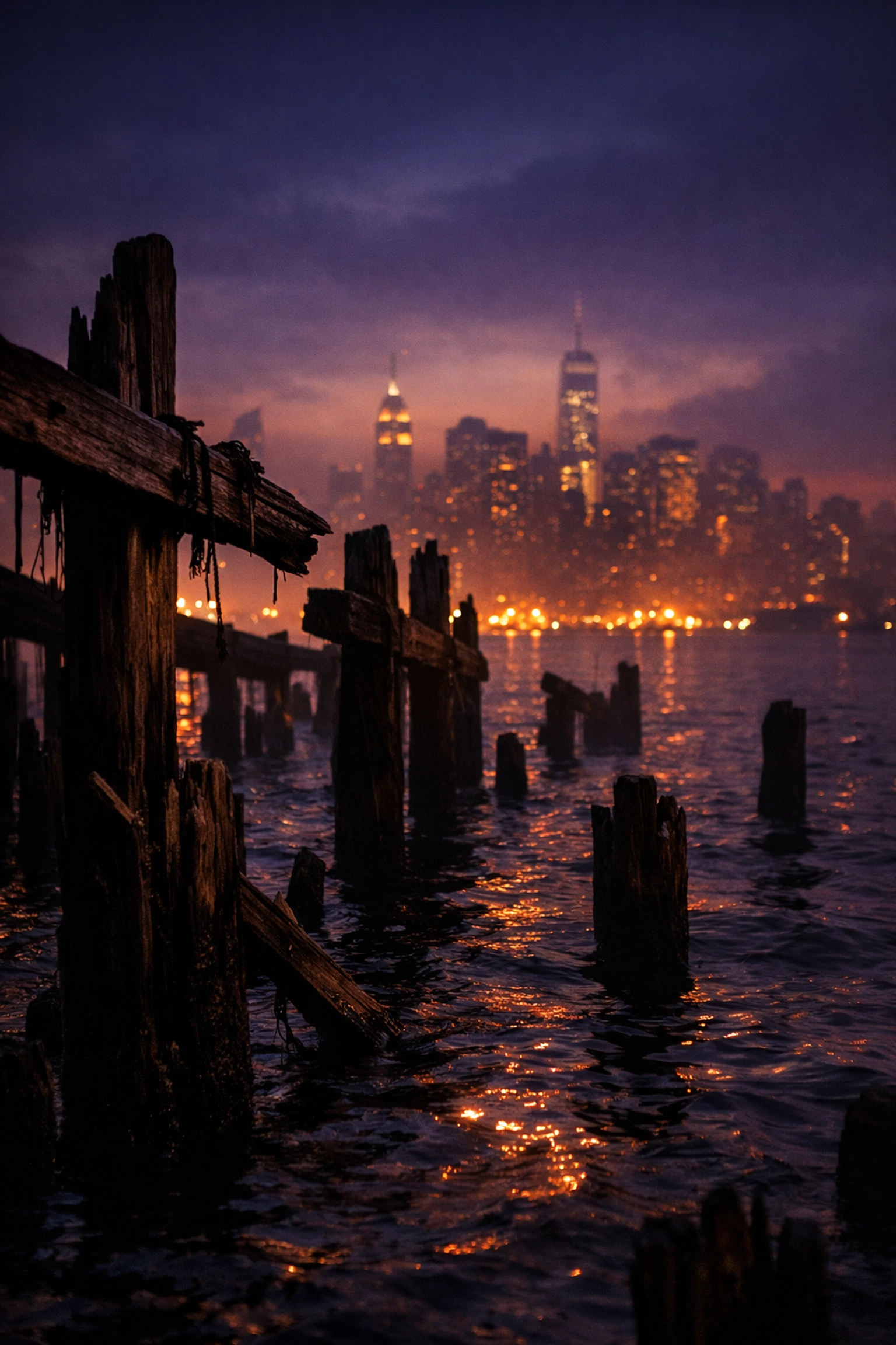 Abandoned West Side Piers at dusk on Hudson River, 1970s gay community sanctuary in New York