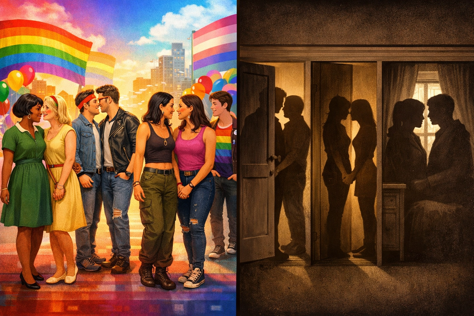 LGBTQ+ couples across decades showing evolution from hidden to visible queer love and pride